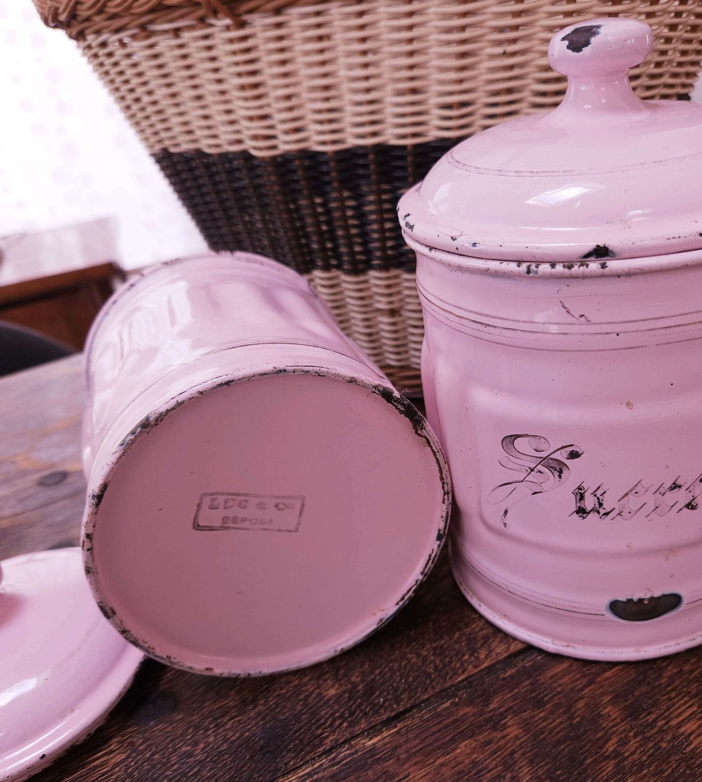 Pair Of French Art Deco Enamel Storage Canisters In Pastel Pink photo Home Decor