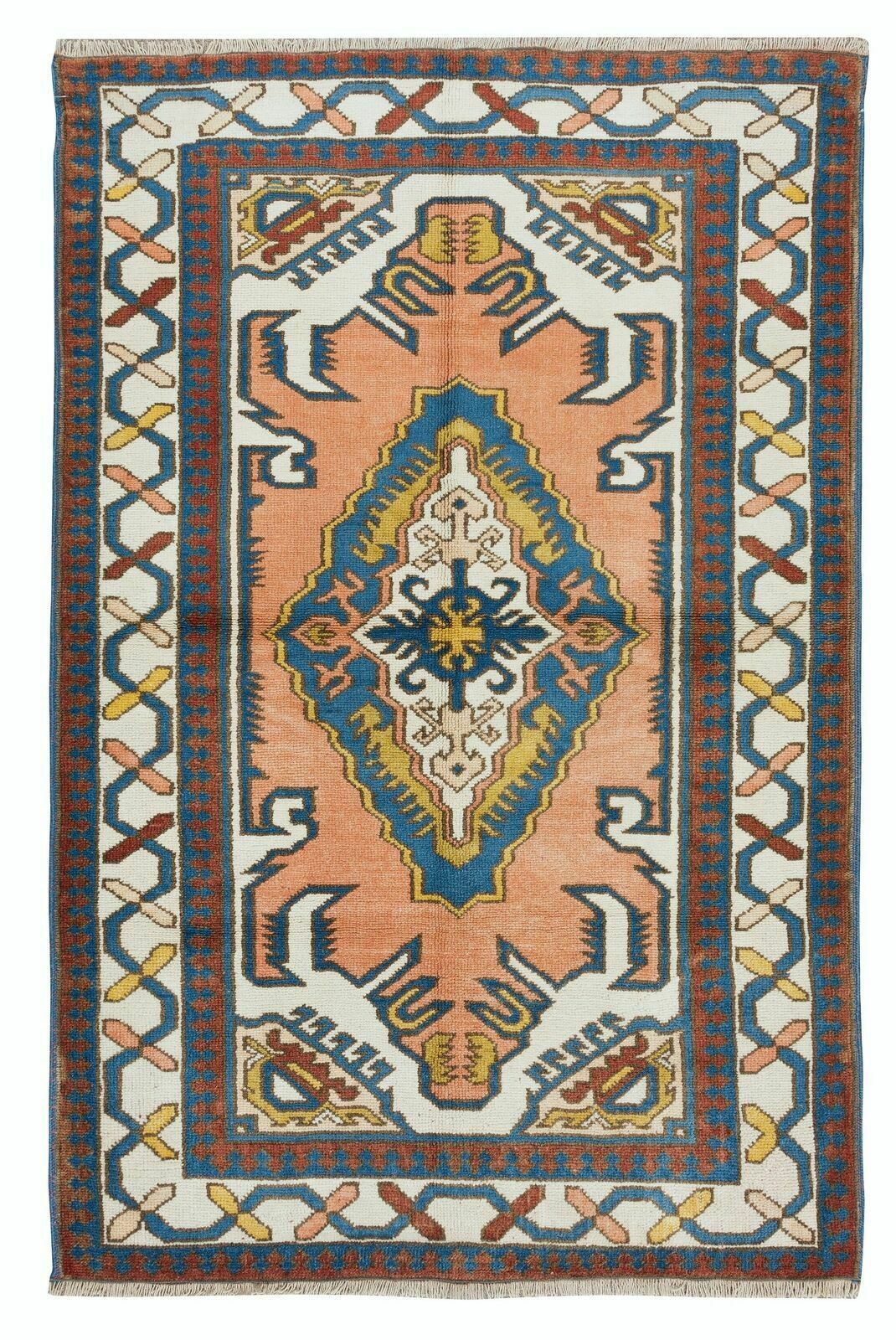 4x6 Ft Mid Century Handmade Turkish Traditional Wool Rug With Geometric Design