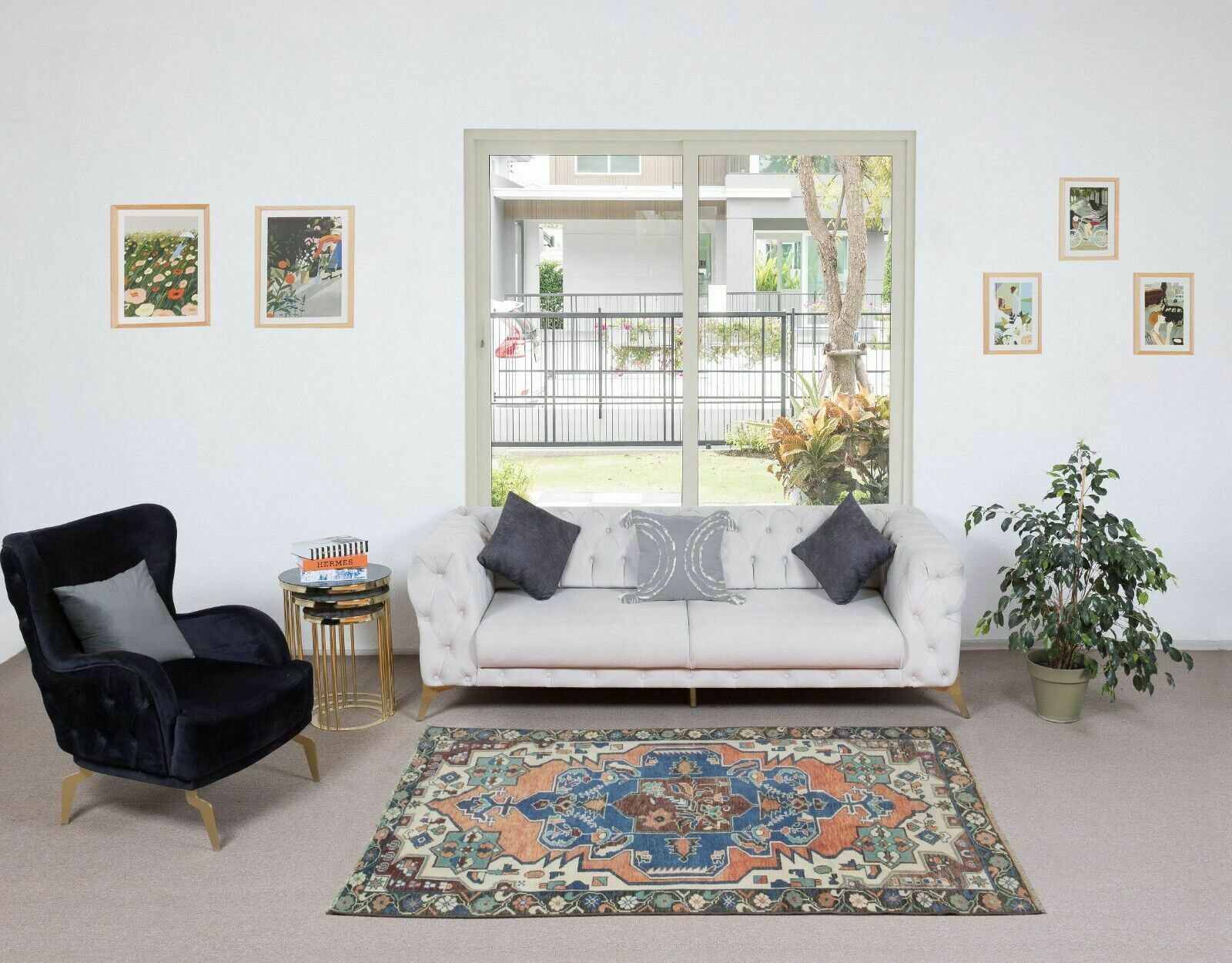 4.3x6.4 Ft Bohemian Style Hand Knotted Vintage Turkish Rug With Medallion Design photo furniture
