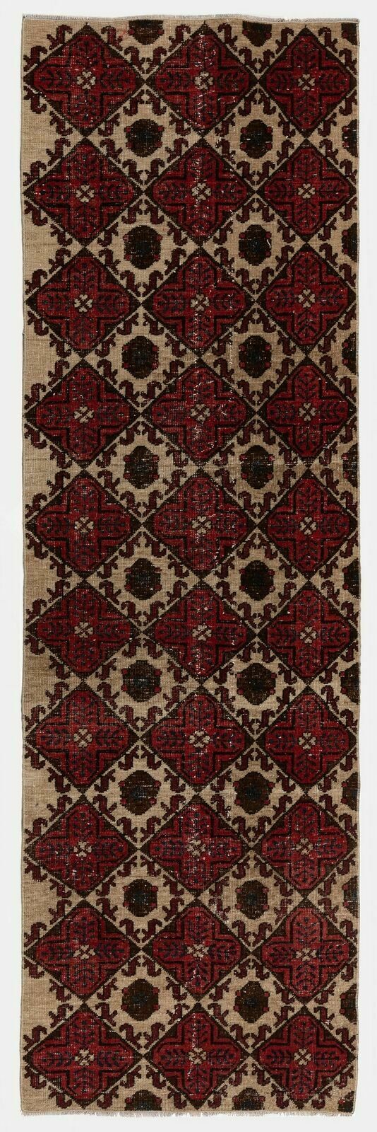 2.8x9.2 Ft Handmade Vintage Turkish Runner Rug In Red, Beige, Brown & Navy Blue