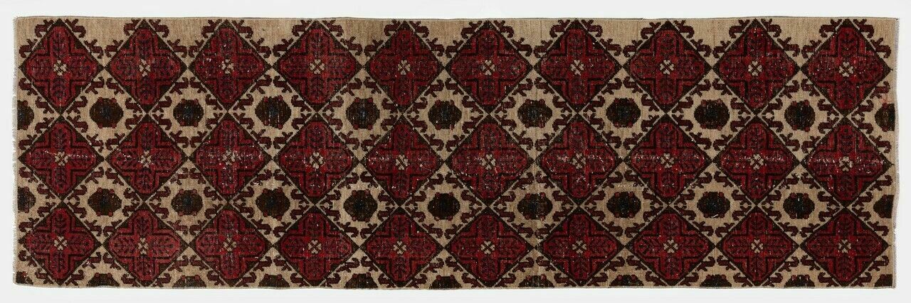 2.8x9.2 Ft Handmade Vintage Turkish Runner Rug In Red, Beige, Brown & Navy Blue photo for sale