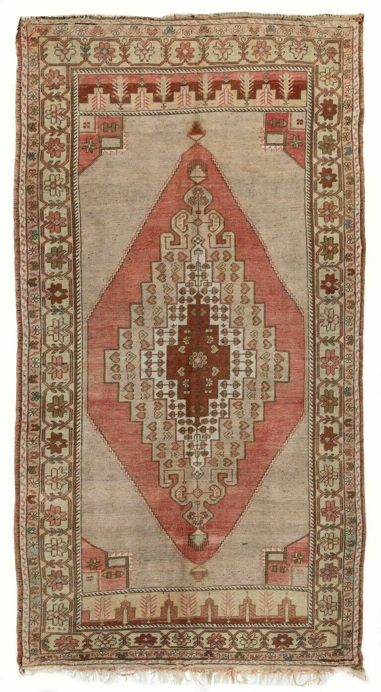 4.5x8.6 Ft Handmade 1950s Turkish Village Rug With Geometric Medallion, All Wool
