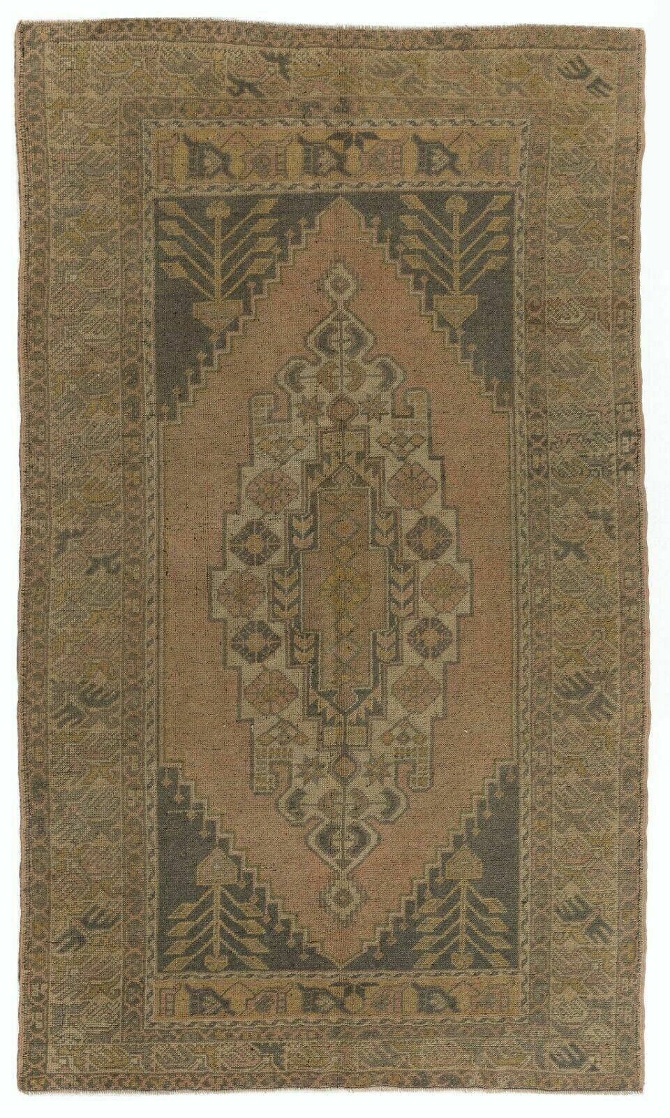 4.2x7 Ft Hand Knotted Vintage Turkish Village Area Rug With Medallion Design