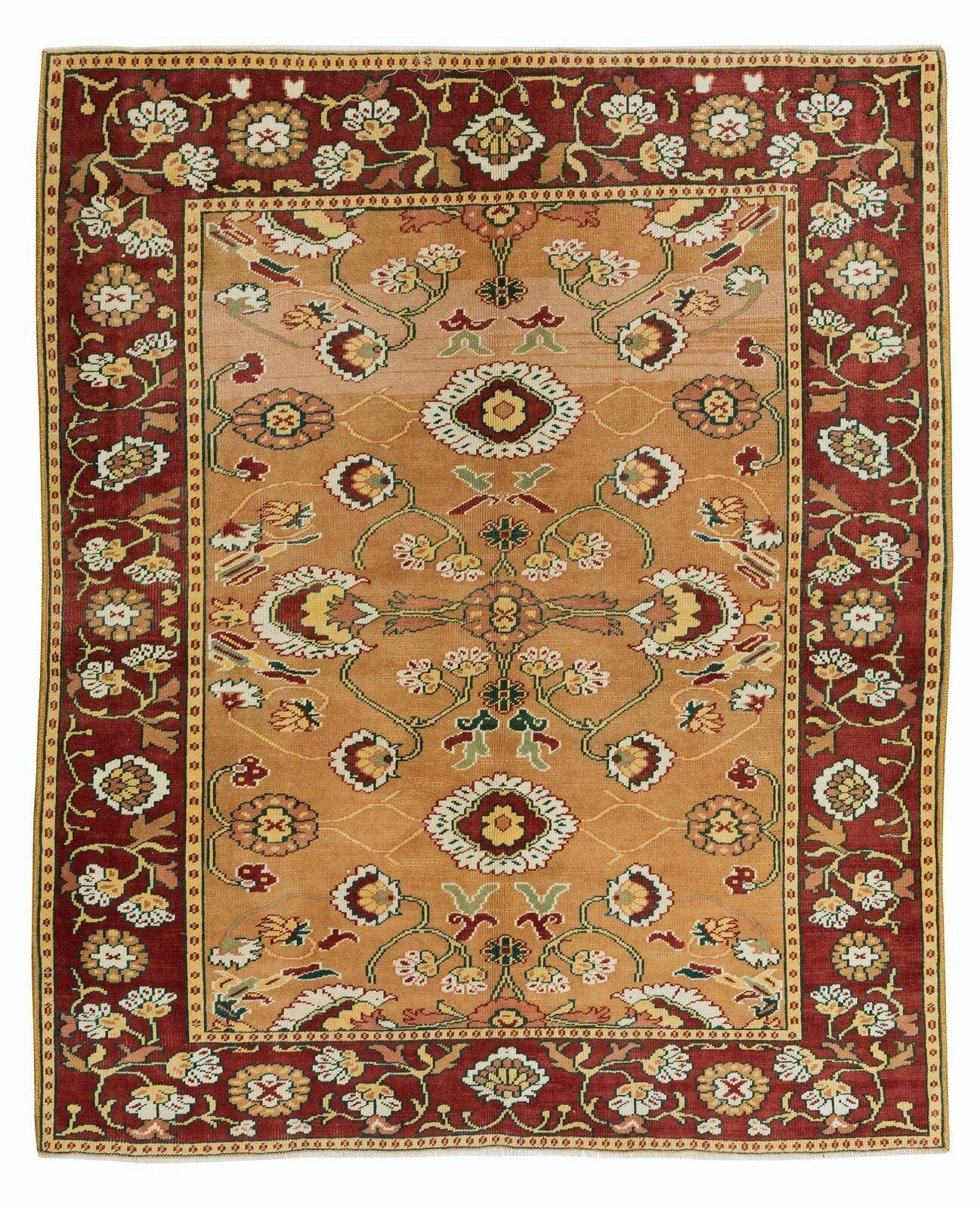 4.6x5.5 Ft Mid Century Turkish Wool Rug, One Of A Kind Floral Handknotted Carpet
