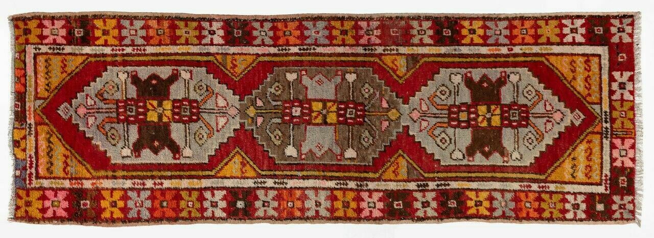 2.7x8.5 Ft Vintage Tribal Hand Knotted Wool Turkish Runner Rug In Red photo for sale