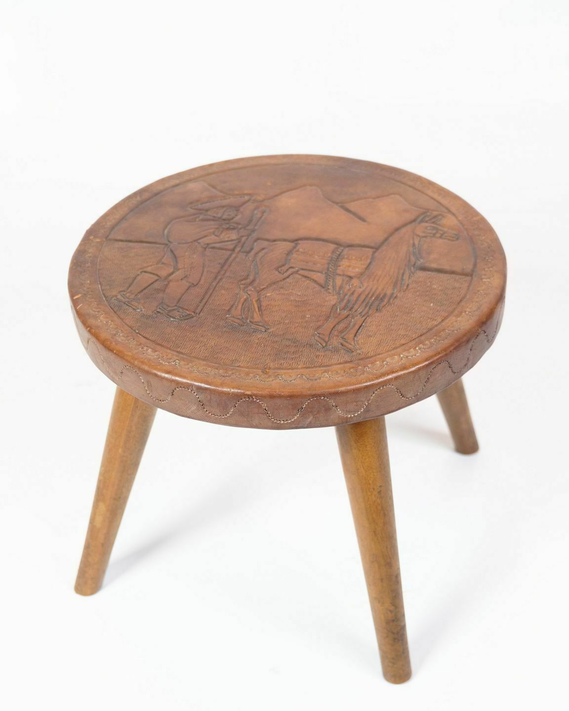Antique Stool  With Motif Of Farmer With Alpaca From 1940s