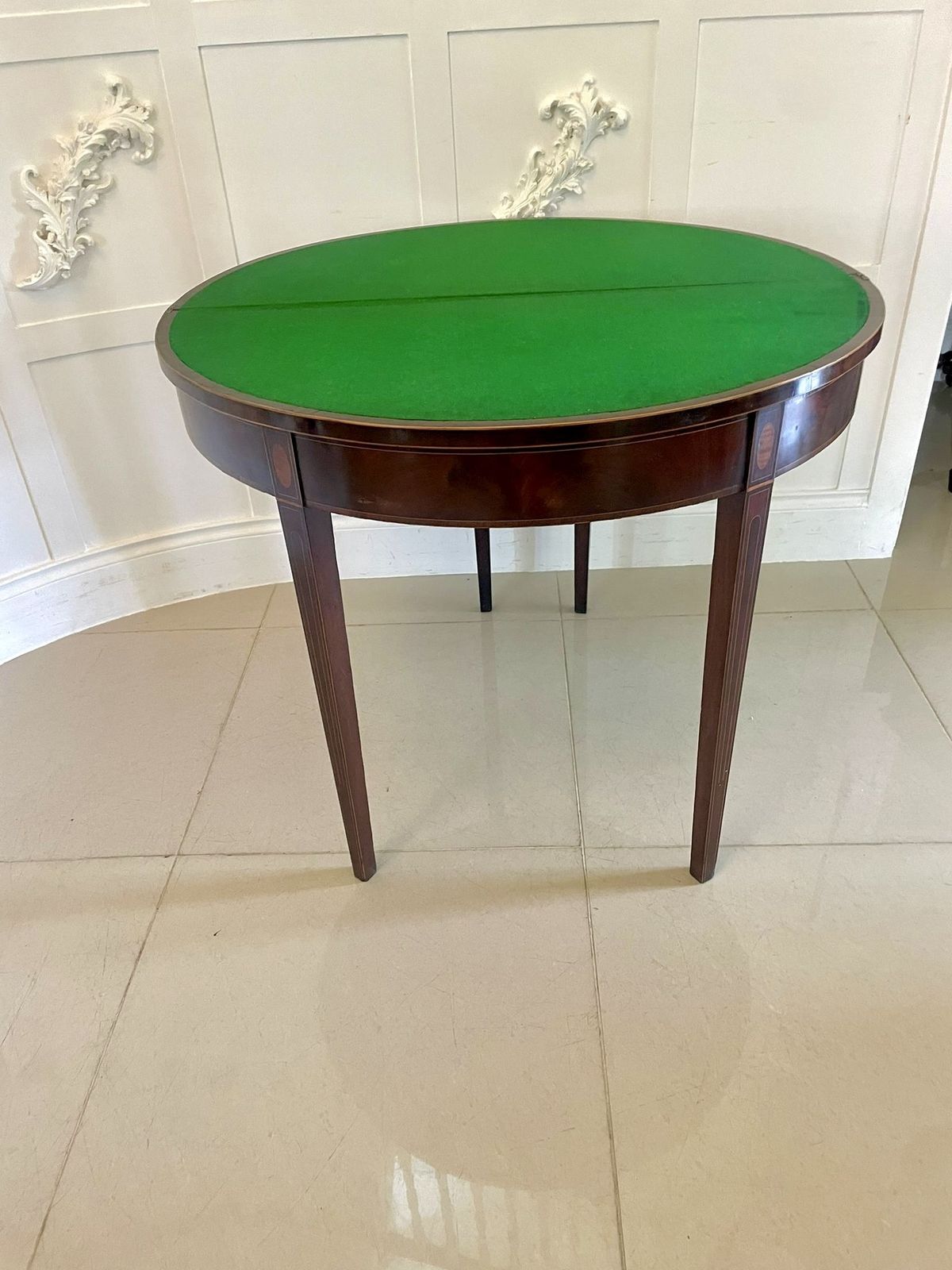 Fine Quality Antique 18th Century Mahogany And Satinwood Inlaid Demi Lune Shaped Card Table photo furniture