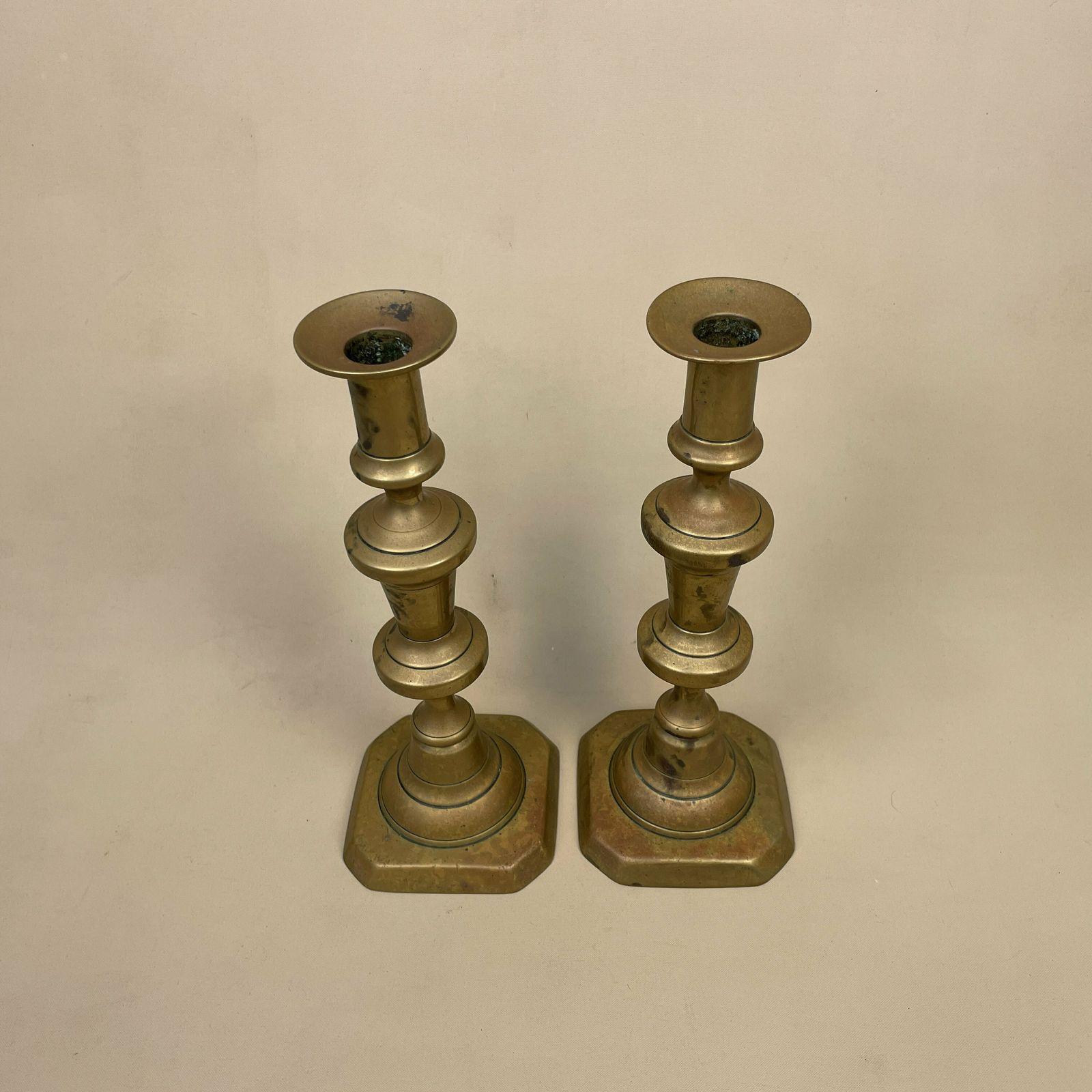 Antique Matching Pair Of Gold Brass Metal Candlestick Candle Stick Vintage Column Taper Dinner Candlesticks Square Base Column photo buy