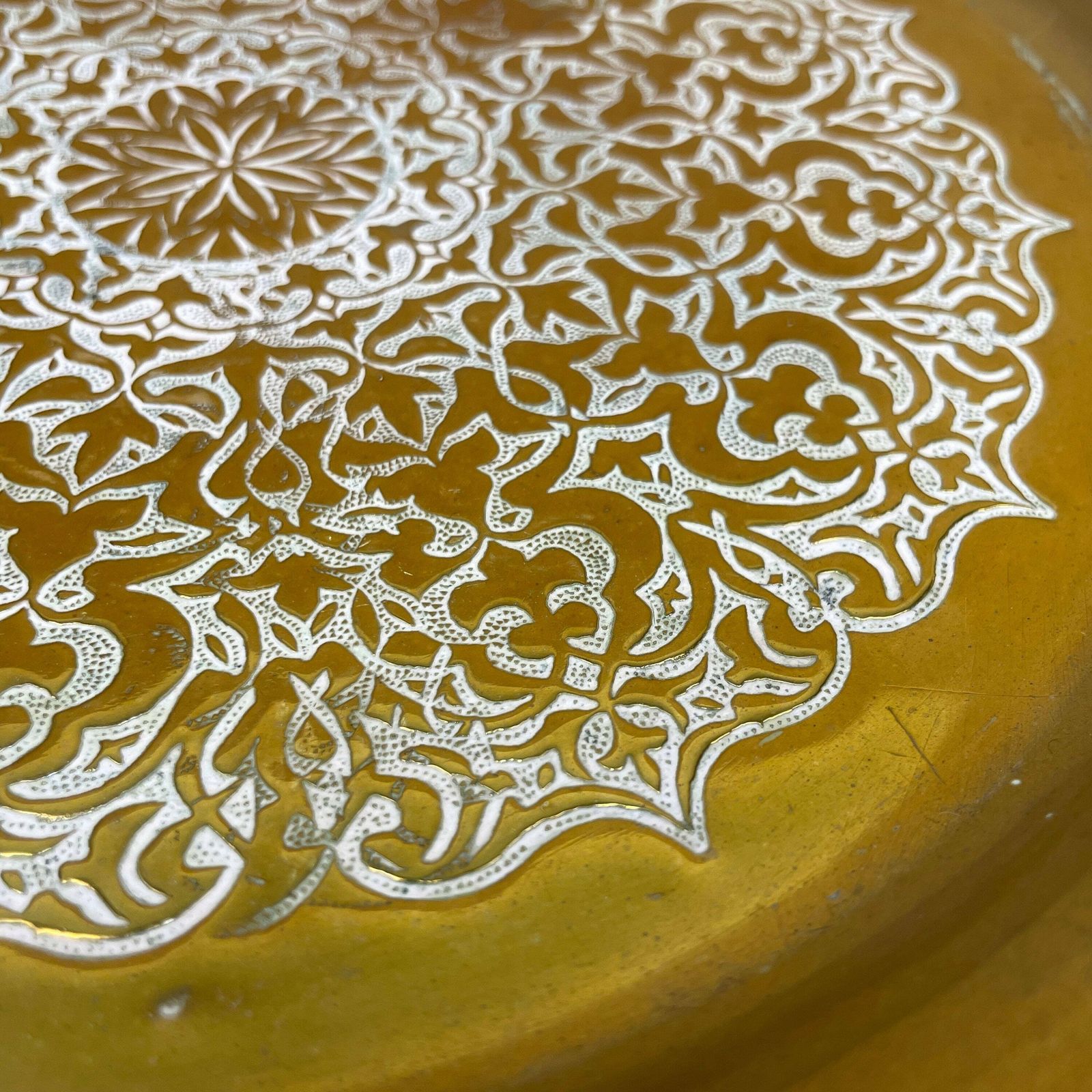 Antique Metal Gold Indian Patterned Brass Tray 34.3cm Plate Asian Handmade Etched Intricate Decorative Patterned Wall Art Round Vintage photo buy
