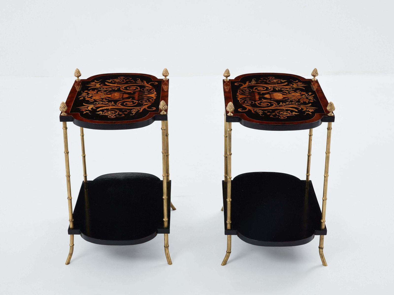 Maison Baguès Bronze Bamboo Wood Marquetry Side Tables 1940s photo for sale