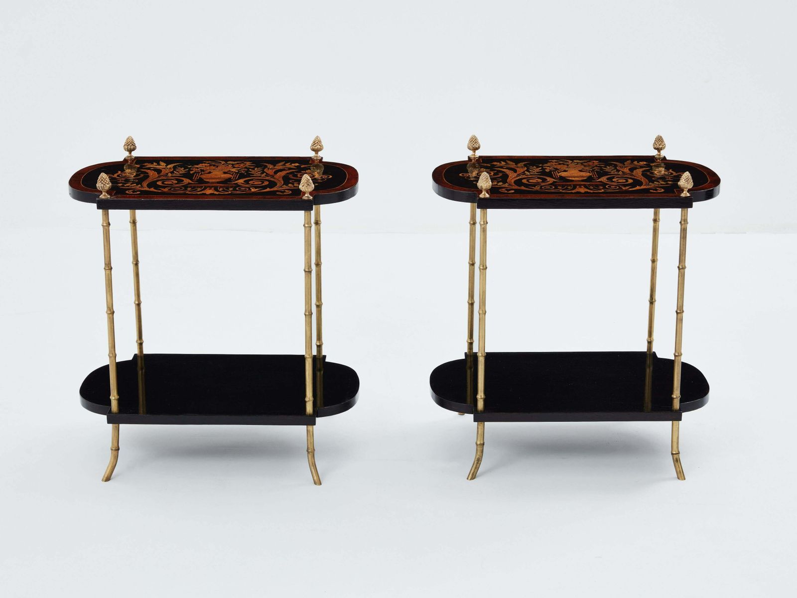 photo furniture Maison Baguès Bronze Bamboo Wood Marquetry Side Tables 1940s