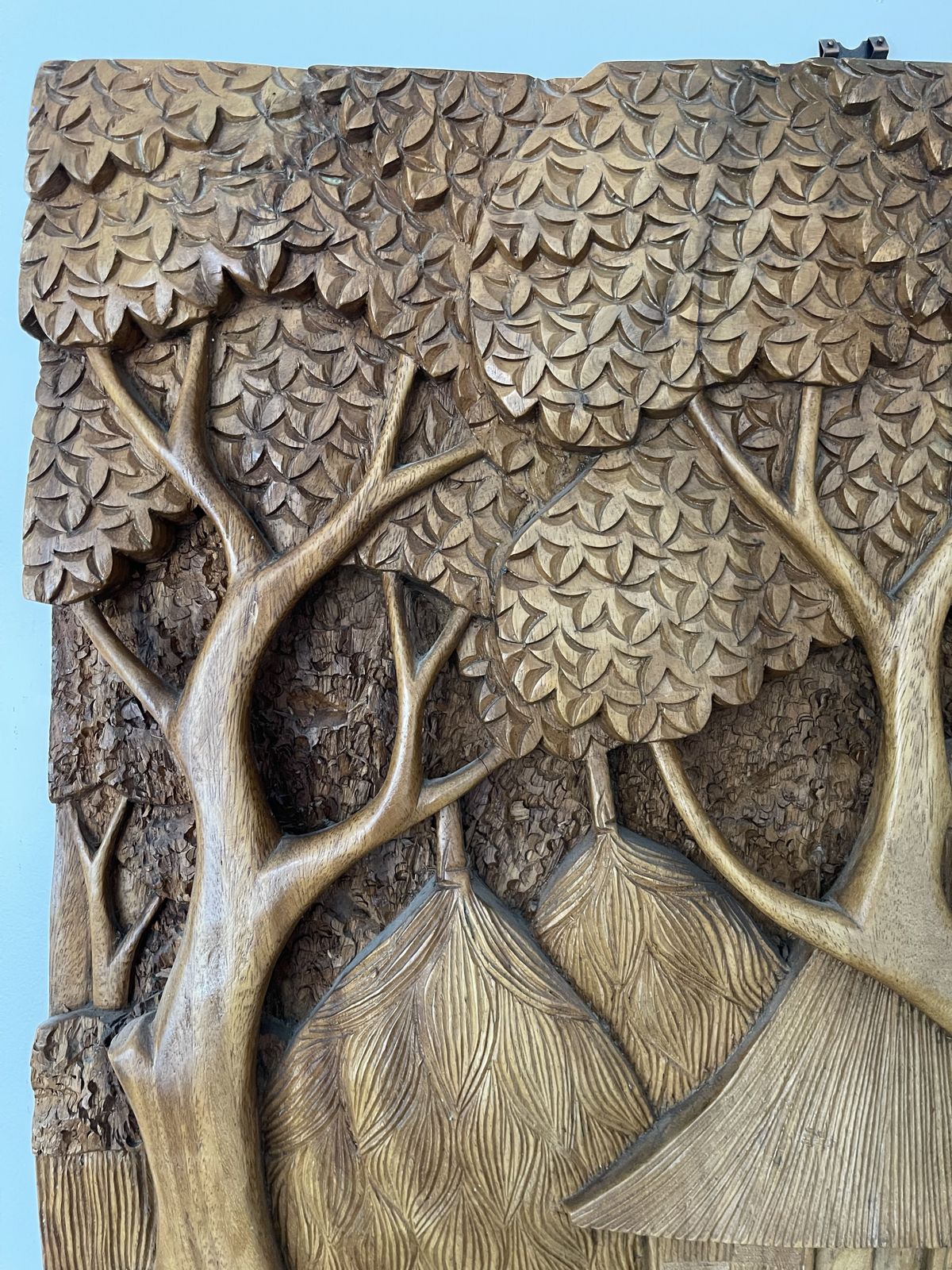 Large Teak Panel With Carved Scene Of Thai Village And Forest photo furniture