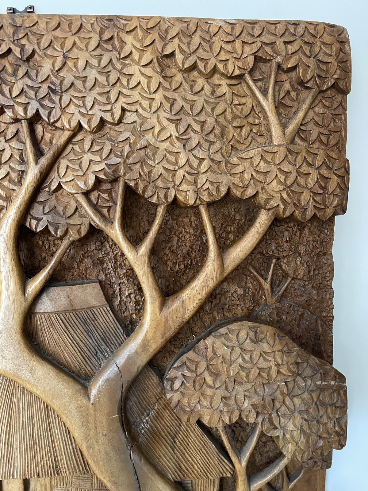 Large Teak Panel With Carved Scene Of Thai Village And Forest photo for sale