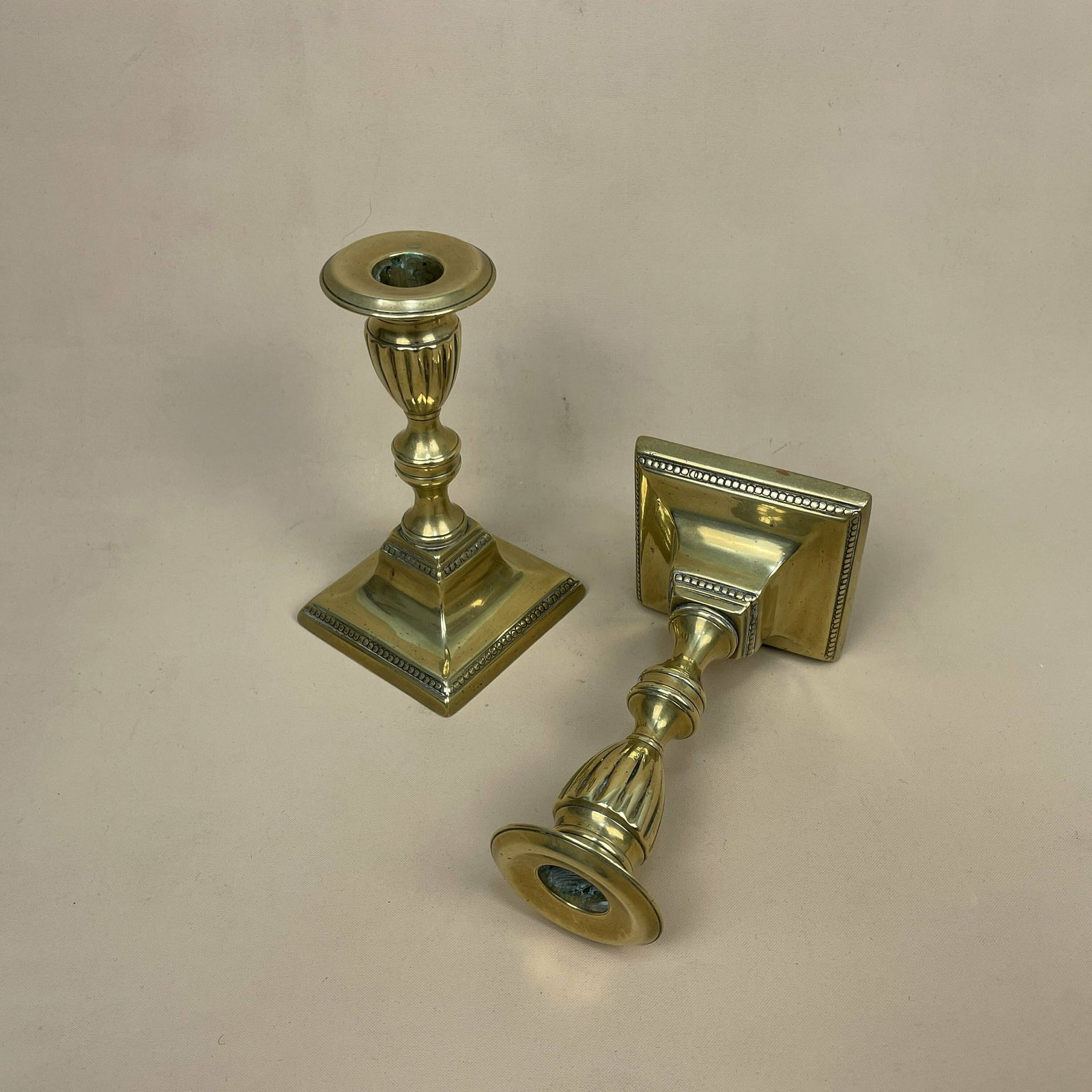 Antique Matching Pair Of Gold Brass Metal Candlestick Candle Stick Vintage Column Taper Dinner Candlesticks Square Base Column Pillar photo for sale