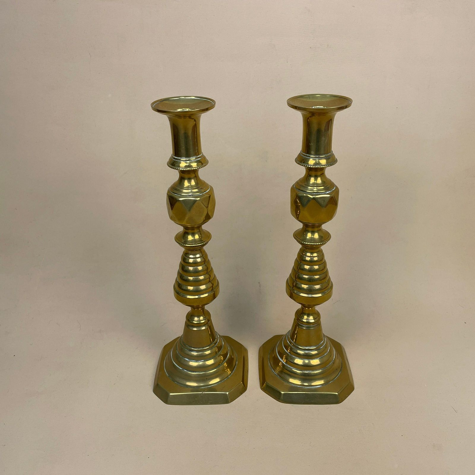 Antique Matching Pair Of Gold Brass Metal Candlestick Candle Stick Vintage Column Taper Dinner Candlesticks Square Base Column Pillar