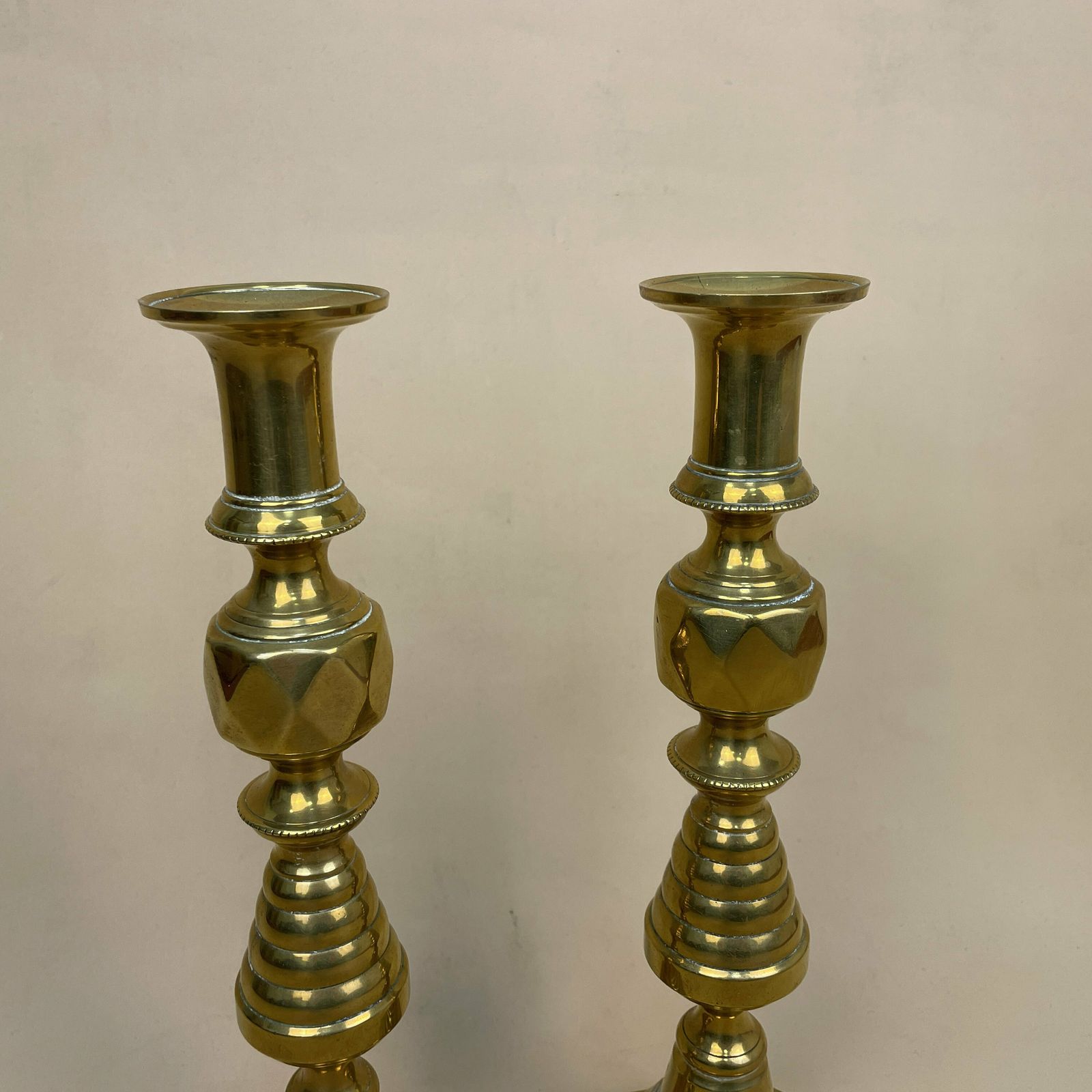 Antique Matching Pair Of Gold Brass Metal Candlestick Candle Stick Vintage Column Taper Dinner Candlesticks Square Base Column Pillar photo Home Decor