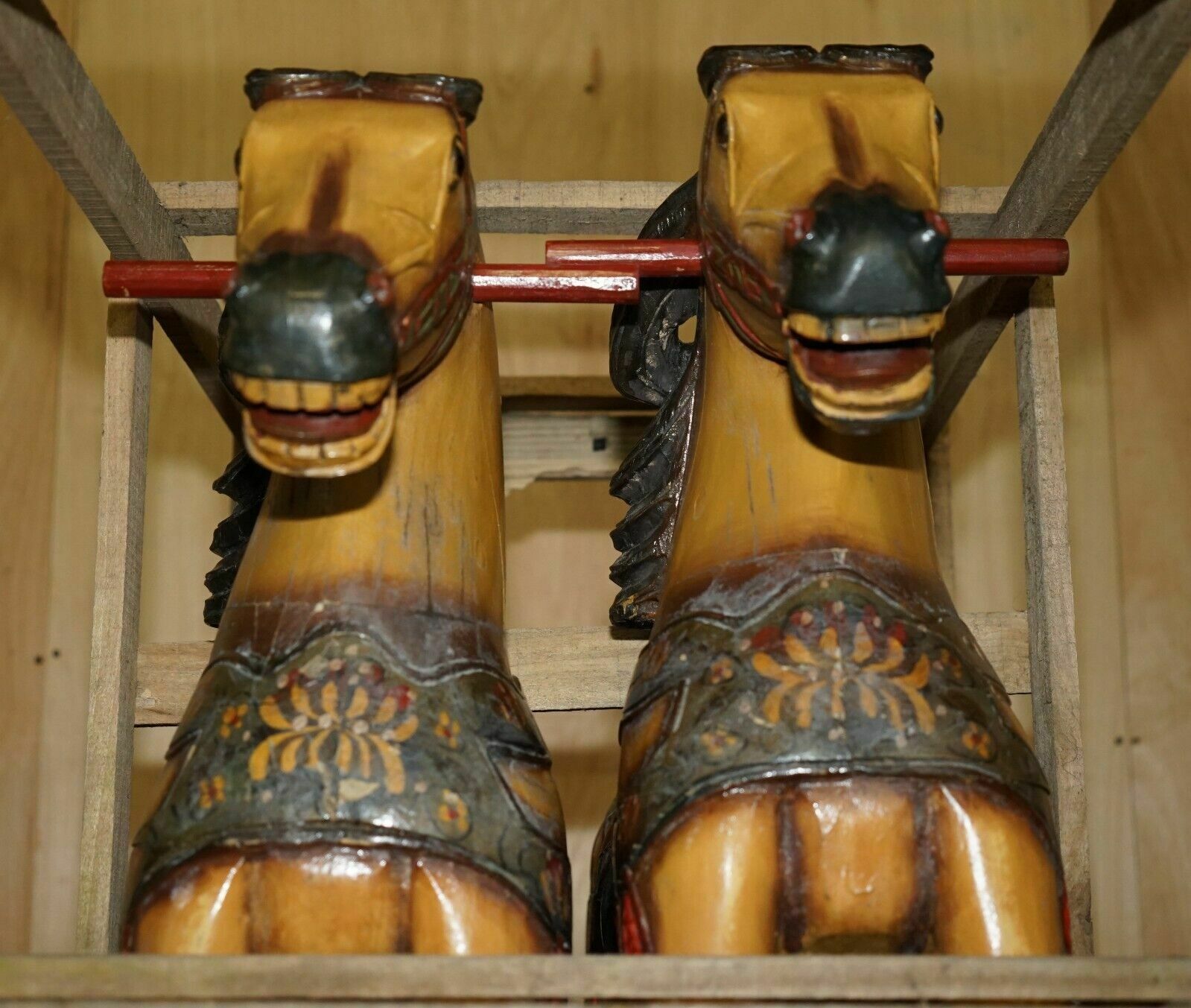 4950.0 Pair Of Circa 1890 Original Paint New Old Stock Crated Fairground Ride Horses photo