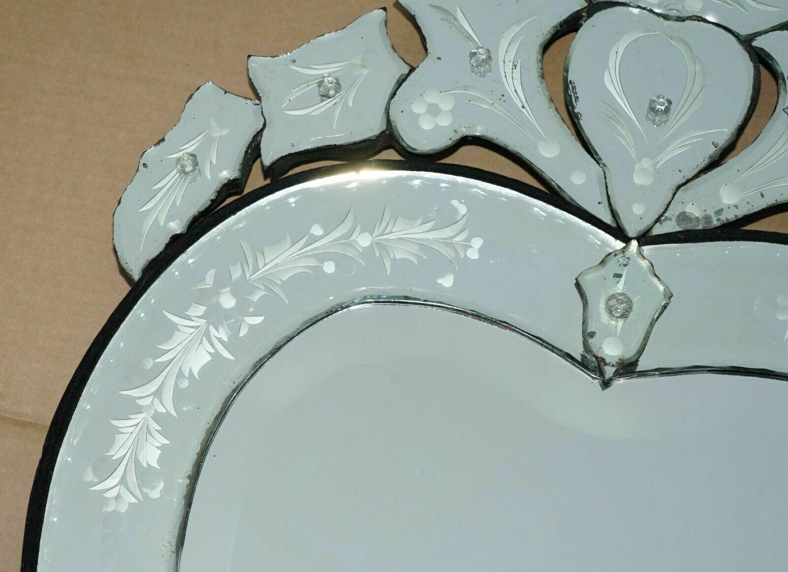 Stunning Antique Circa 1910 Venetian Etched Glass Heart Shaped Wall Mirror photo vintage