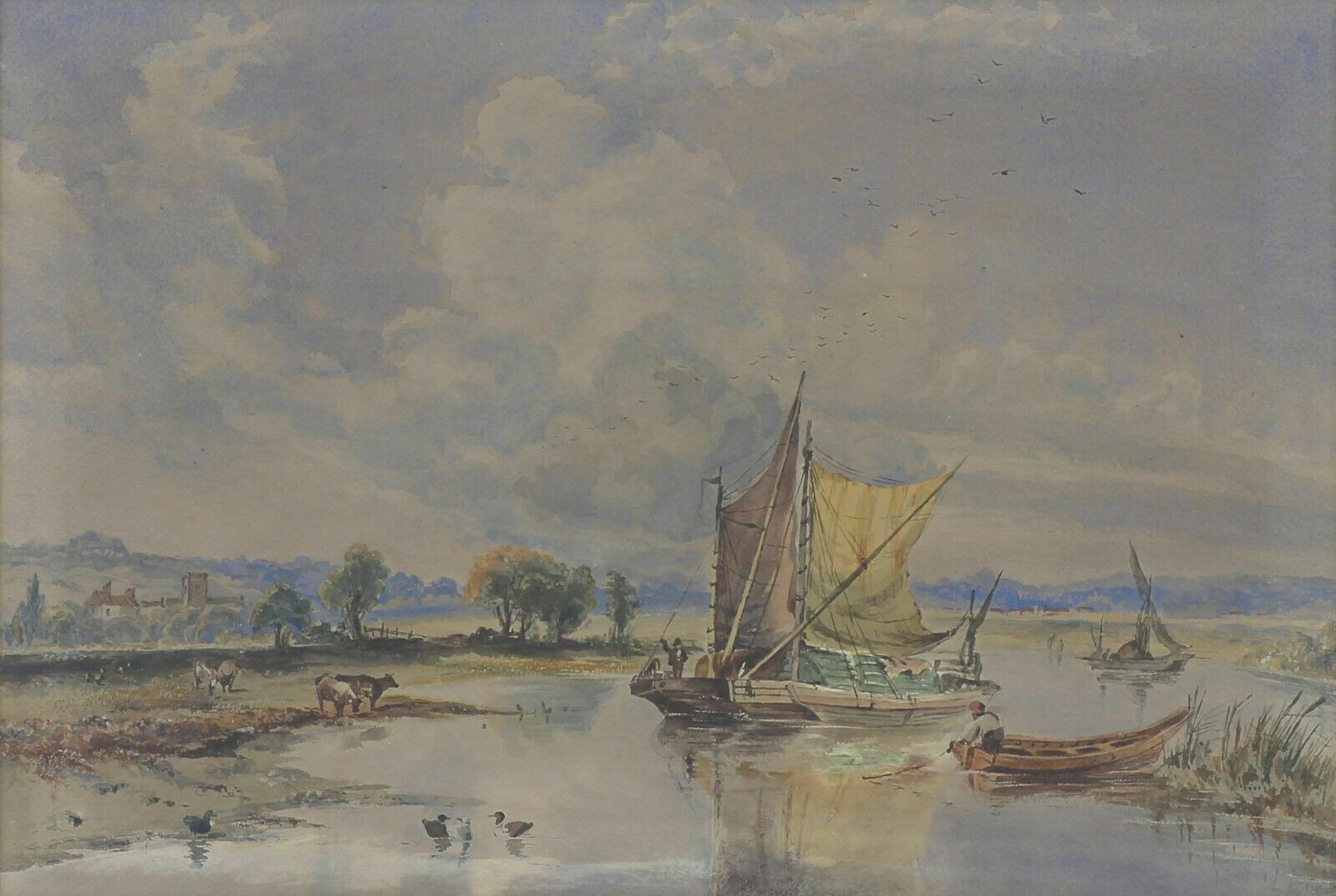 Watercolour Of An English Scene Depicting Boats On A River photo furniture