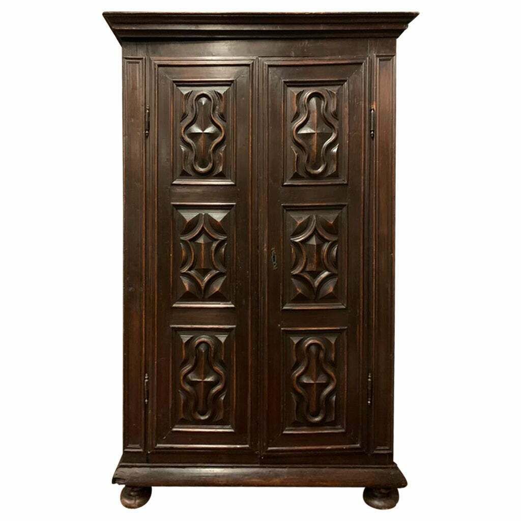 Wardrobe In Poplar Wood, Two Doors With Six Diamond Carved Panels, Italy