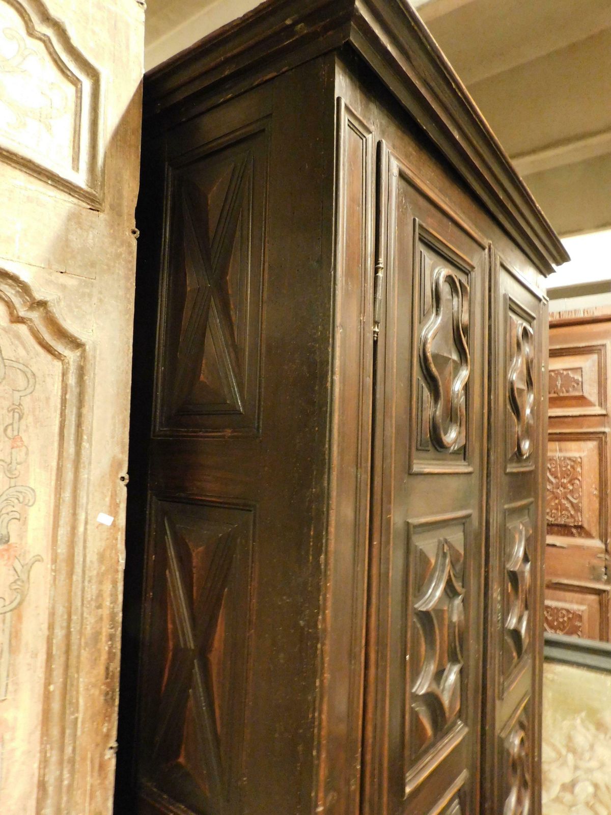 Wardrobe In Poplar Wood, Two Doors With Six Diamond Carved Panels, Italy photo 4214.0