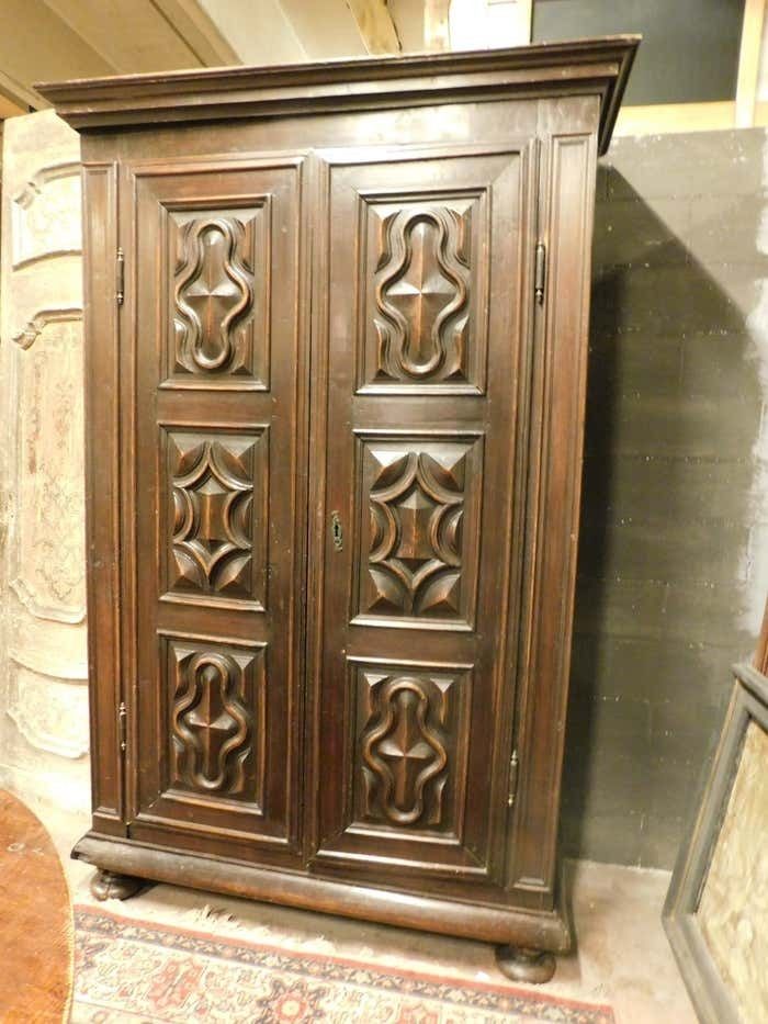 Wardrobe In Poplar Wood, Two Doors With Six Diamond Carved Panels, Italy photo vintage