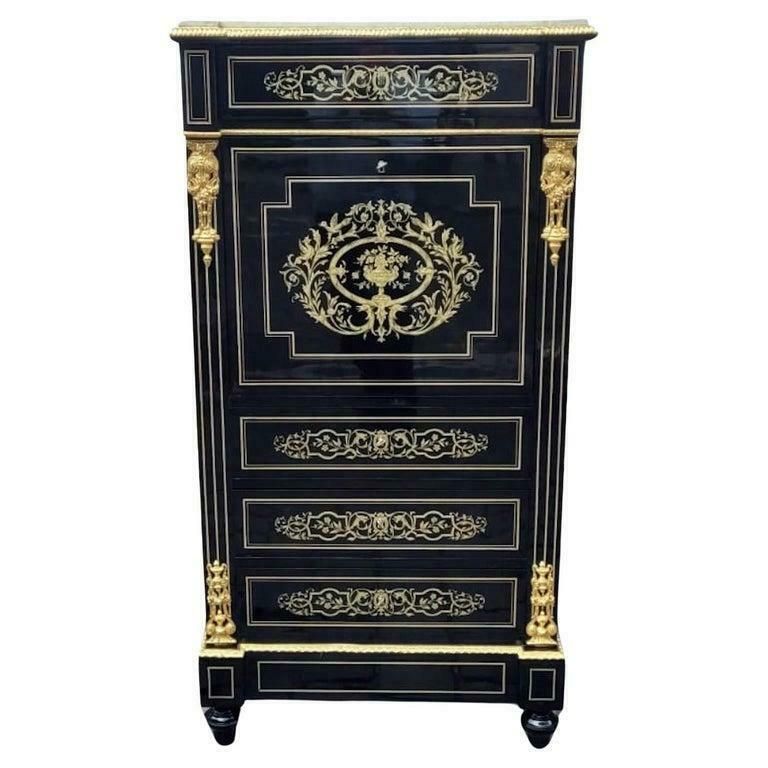 Napoleon III Secretary In Blackened Pear Wood   Brass Marquetry photo furniture