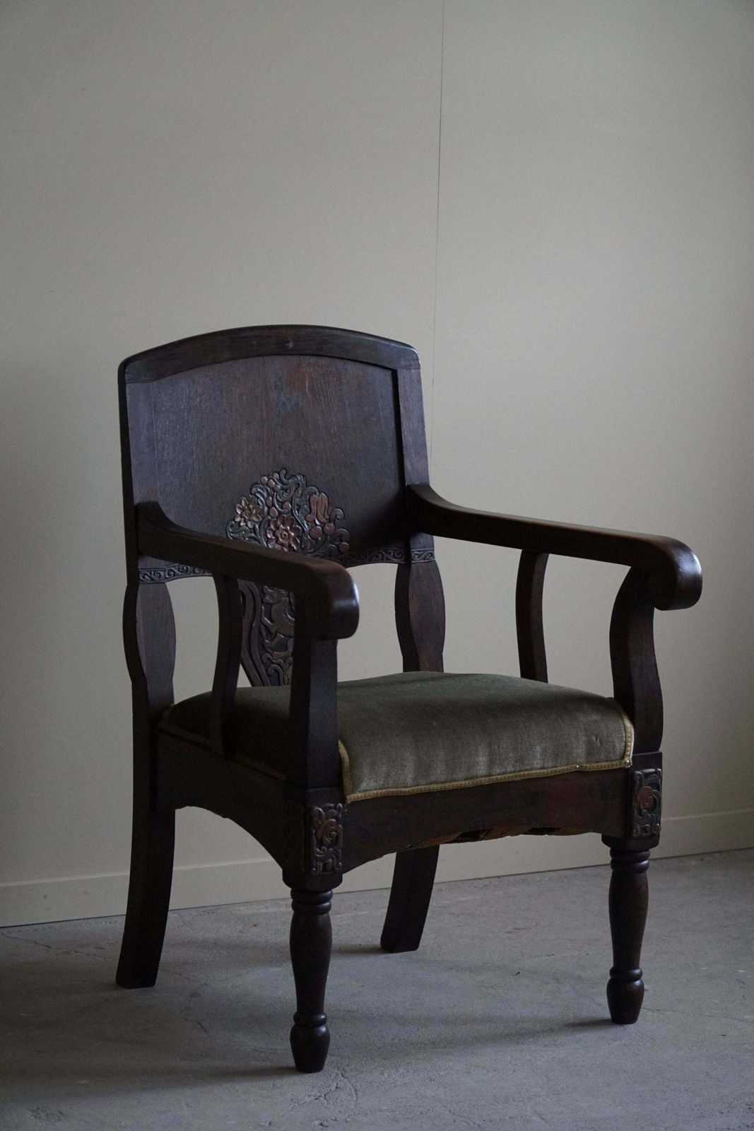 Hand Carved Armchair In Oak & Velvet, Danish Cabinetmaker, Jugendstil, 1939 photo vintage