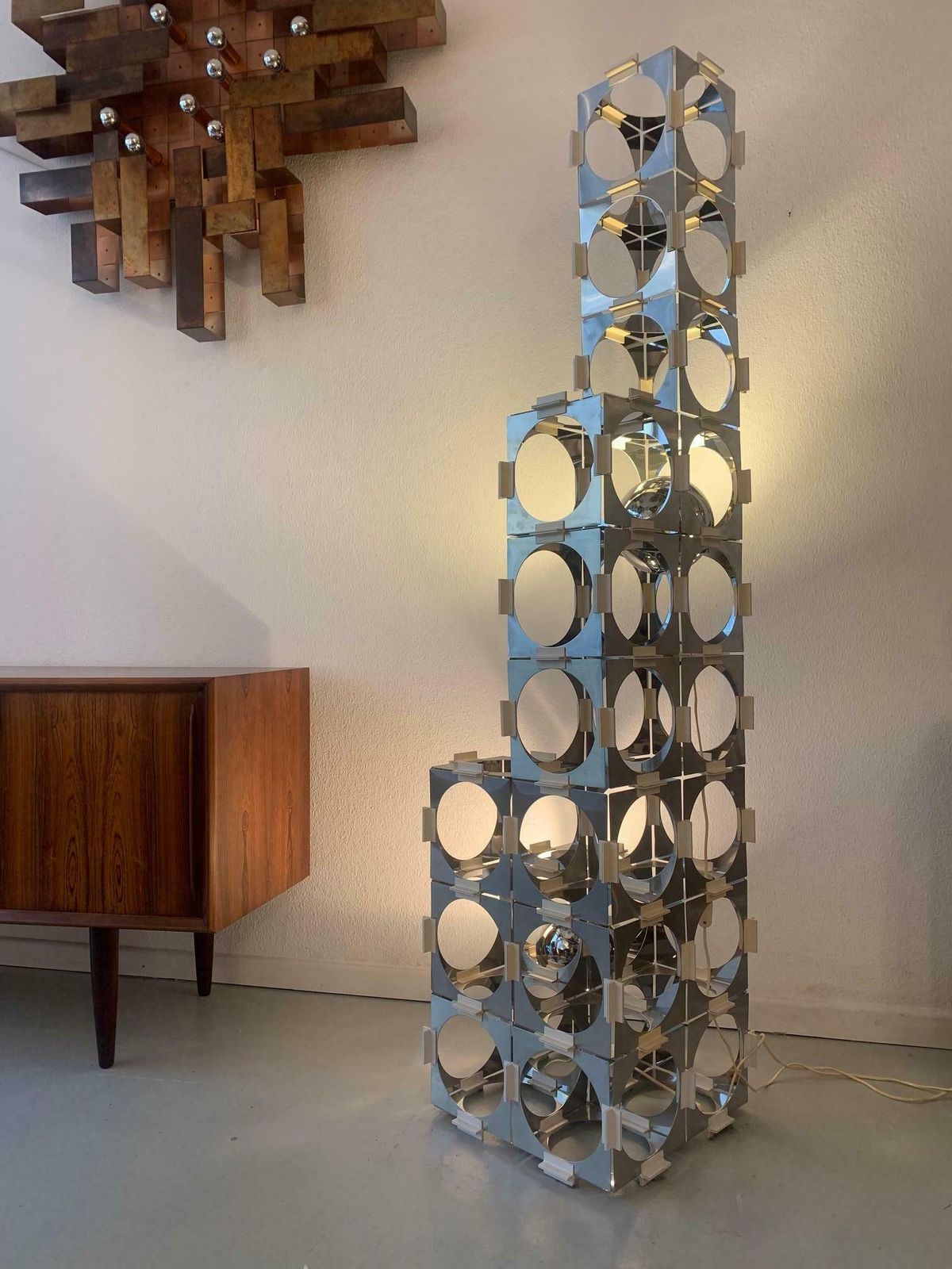 photo for sale Rare Stainless Steel Skyscraper Modular Floor Lamp By Reggiani, Italy, Ca. 1970s
