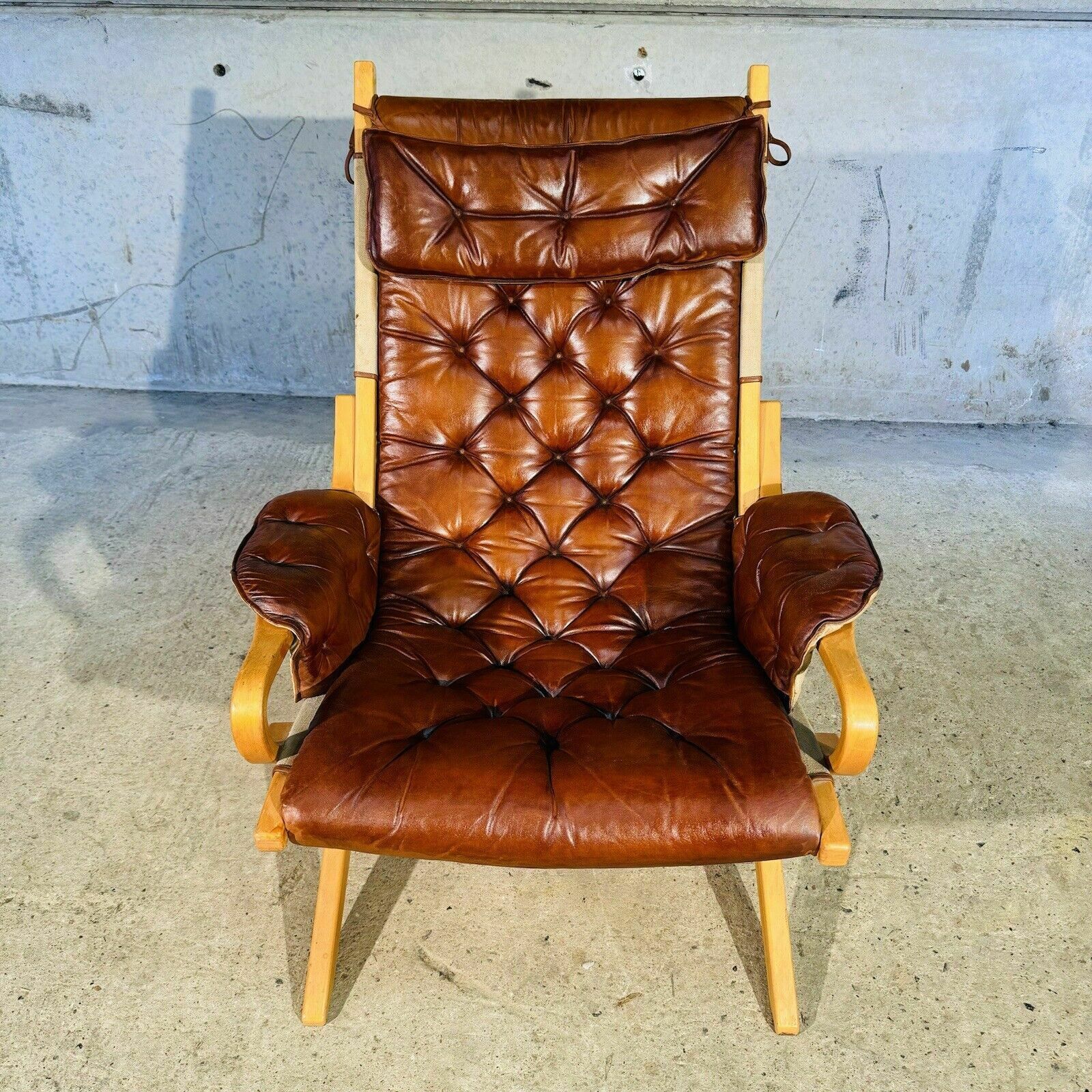 photo furniture Stylish Swedish 70s Tan Leather And Canvas Armchair And Footstool