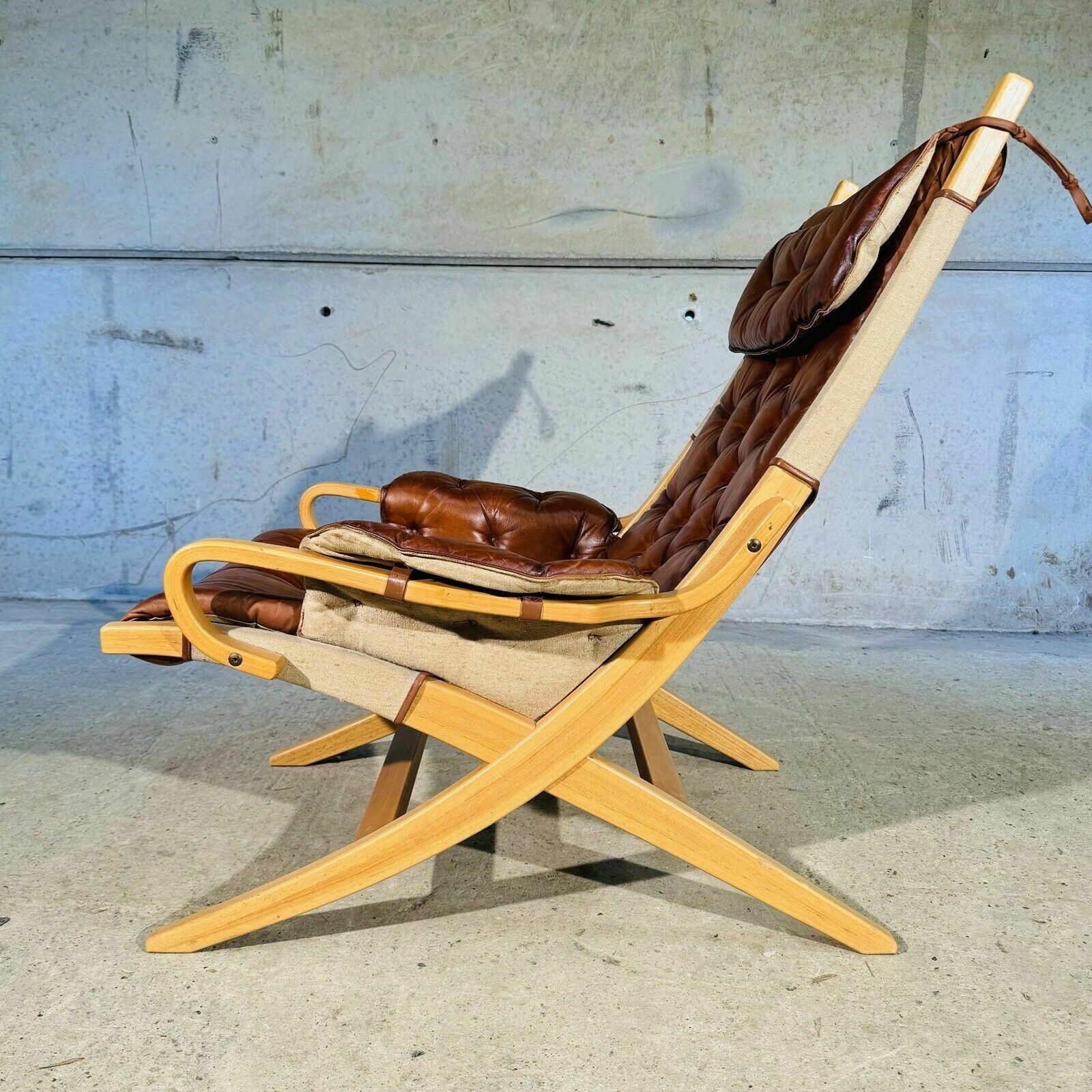 1084.0 Stylish Swedish 70s Tan Leather And Canvas Armchair And Footstool photo