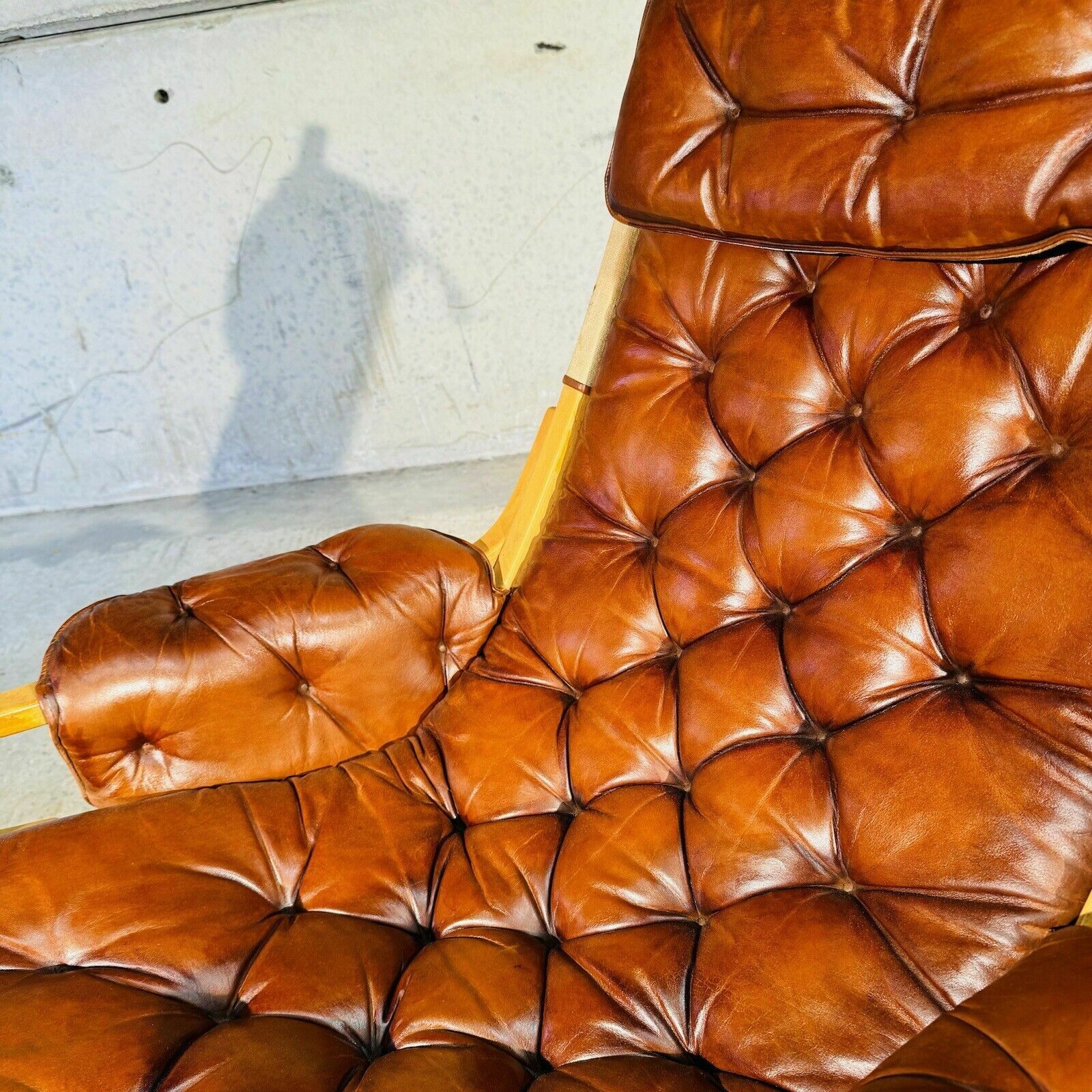 photo vinterior Stylish Swedish 70s Tan Leather And Canvas Armchair And Footstool