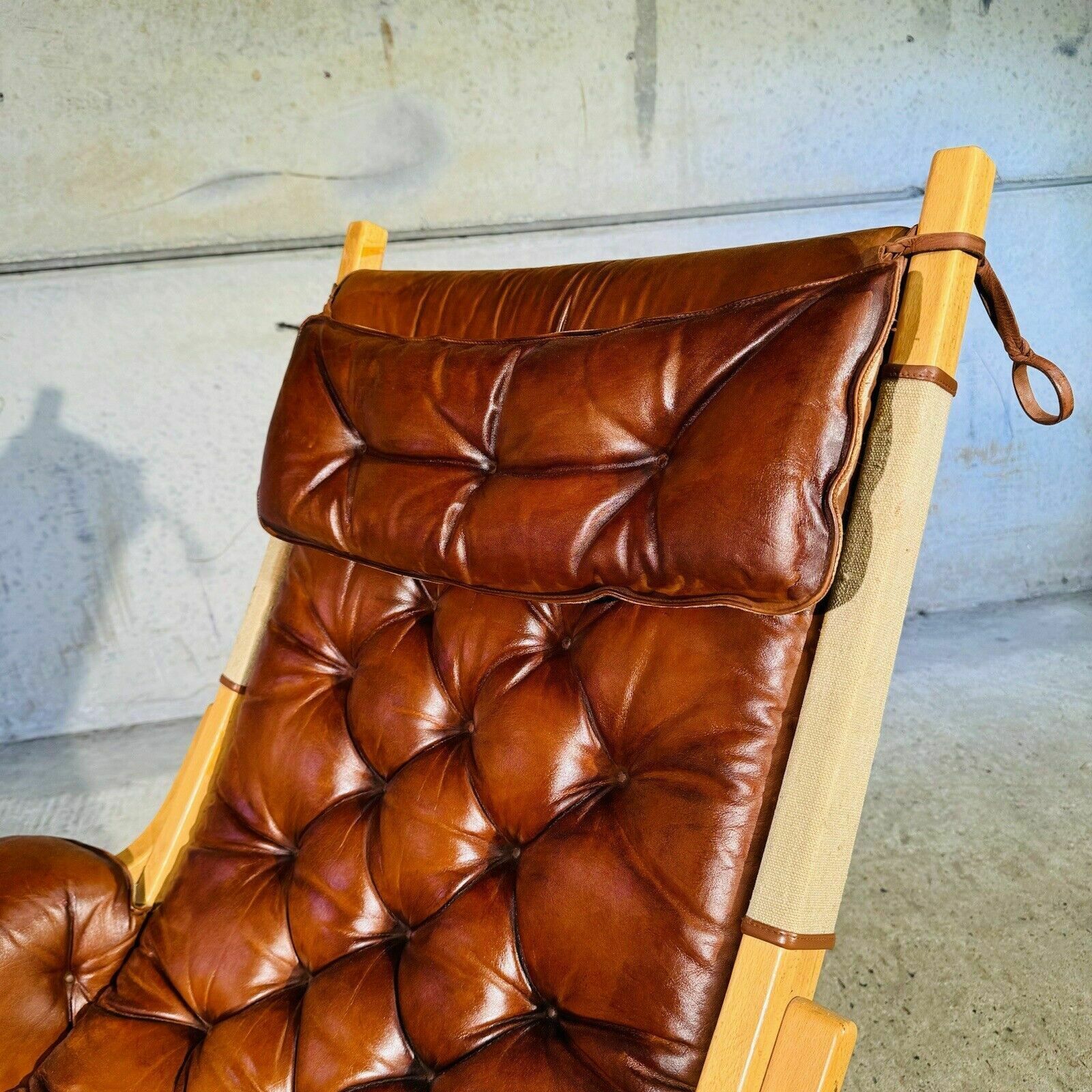 photo buy Stylish Swedish 70s Tan Leather And Canvas Armchair And Footstool
