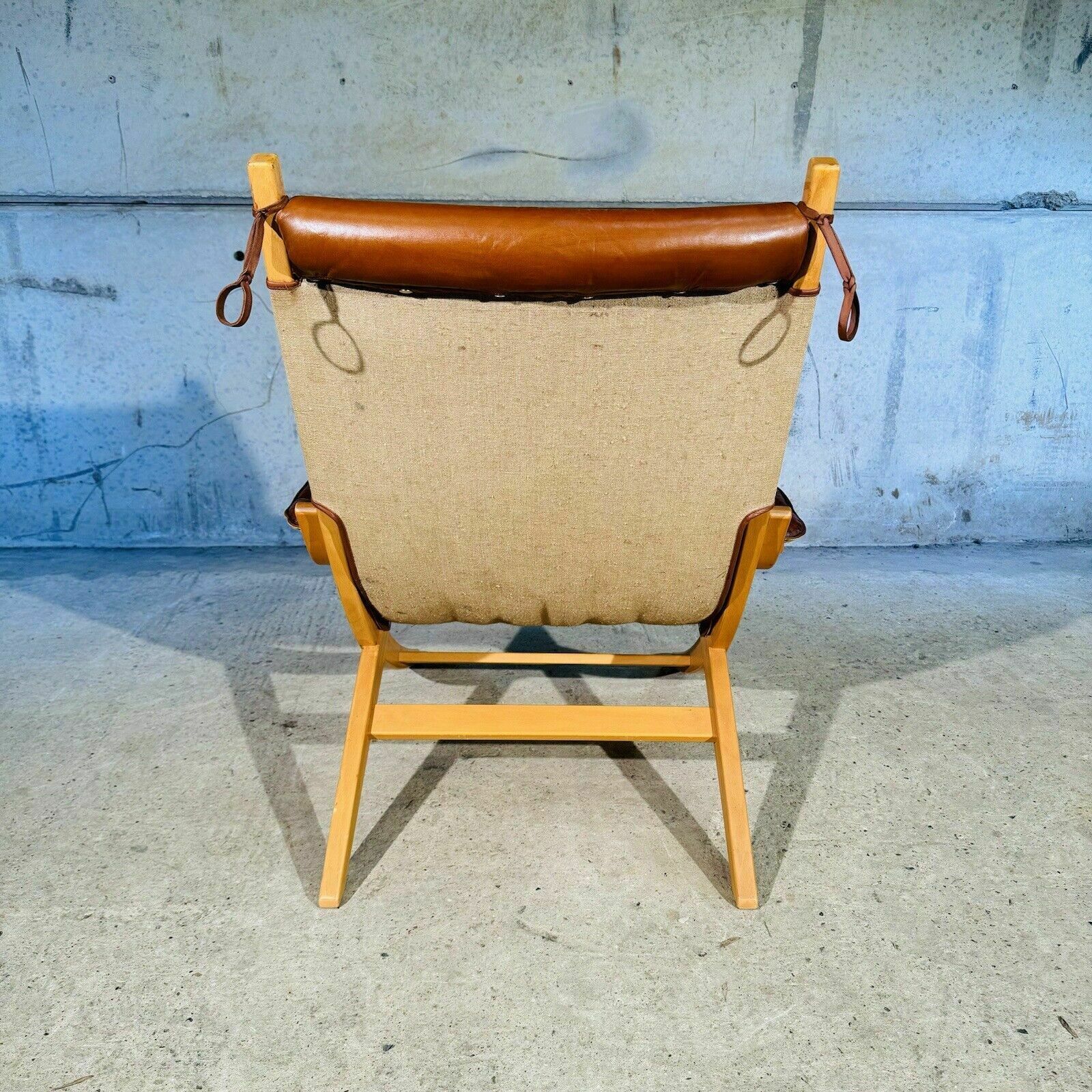 photo vintage Stylish Swedish 70s Tan Leather And Canvas Armchair And Footstool