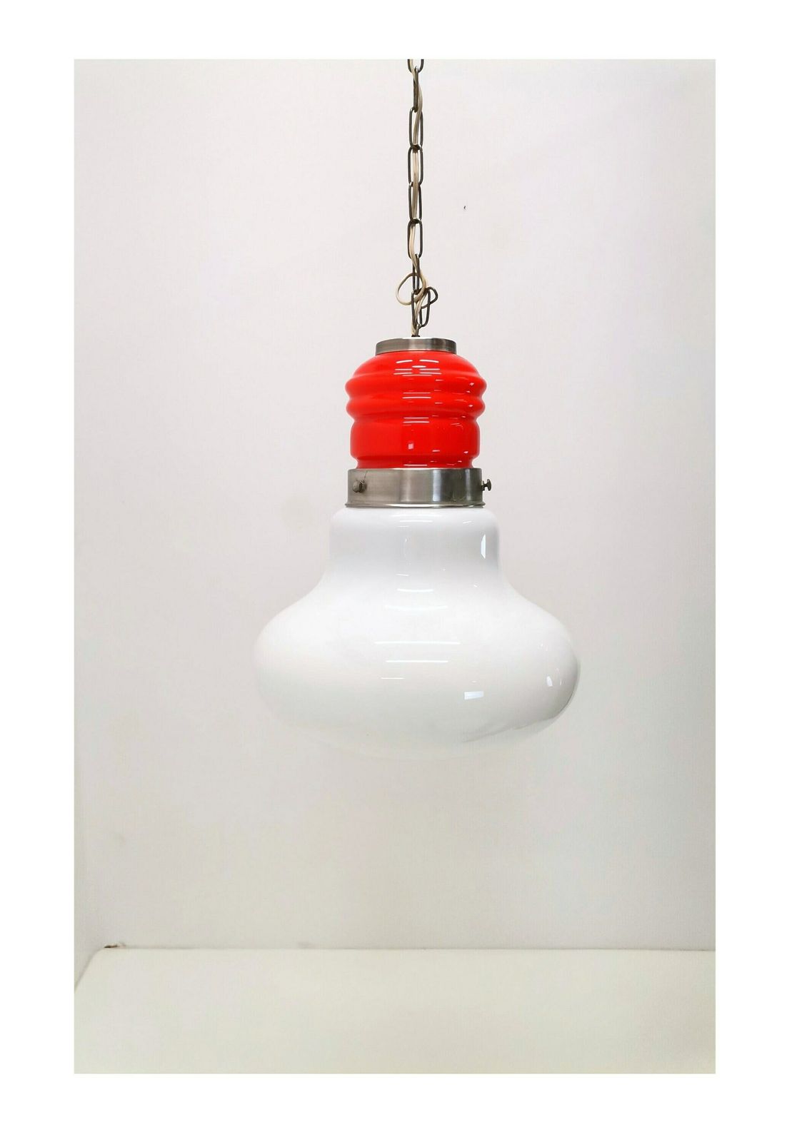 Large Mid Century Bulb Pendant Light / Orange & White Glass And Metal / 70s Space Age Hanging Lightbulb