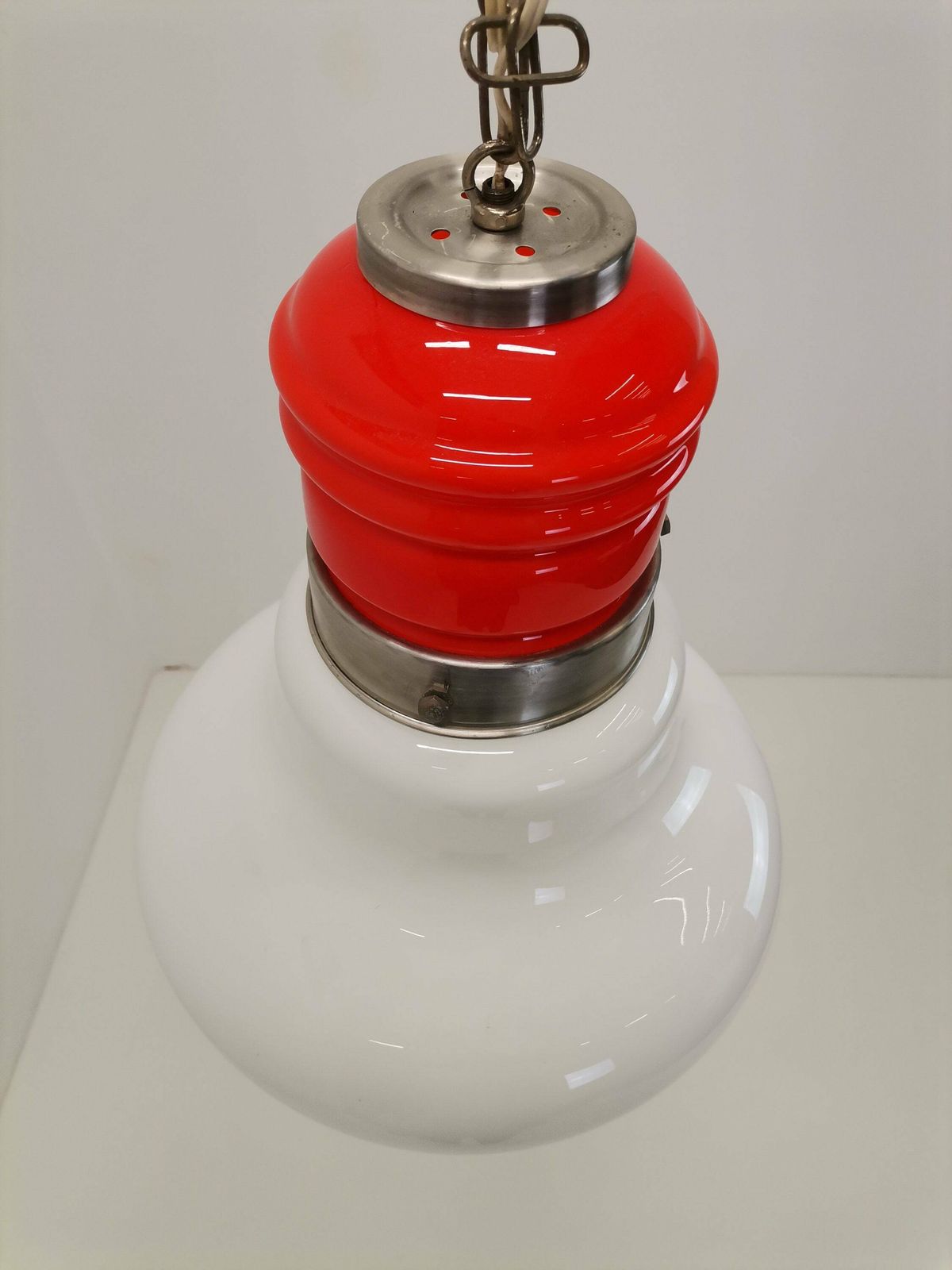 Large Mid Century Bulb Pendant Light / Orange & White Glass And Metal / 70s Space Age Hanging Lightbulb photo 434.0