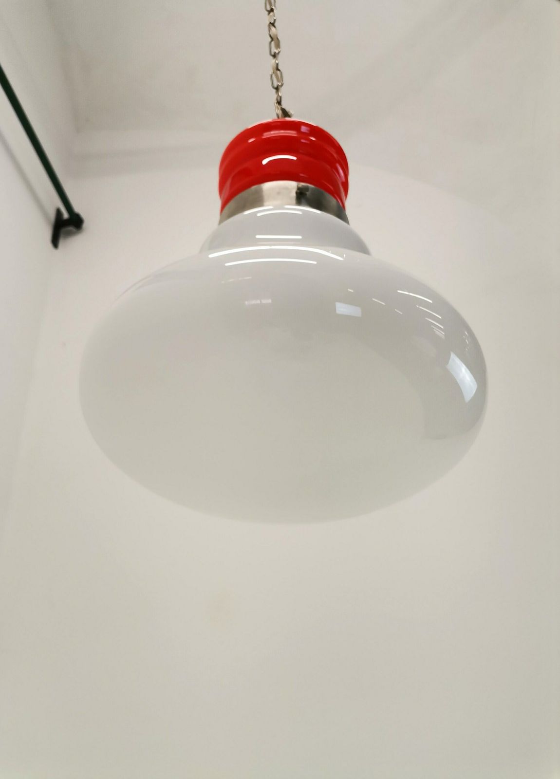 Large Mid Century Bulb Pendant Light / Orange & White Glass And Metal / 70s Space Age Hanging Lightbulb photo vinterior