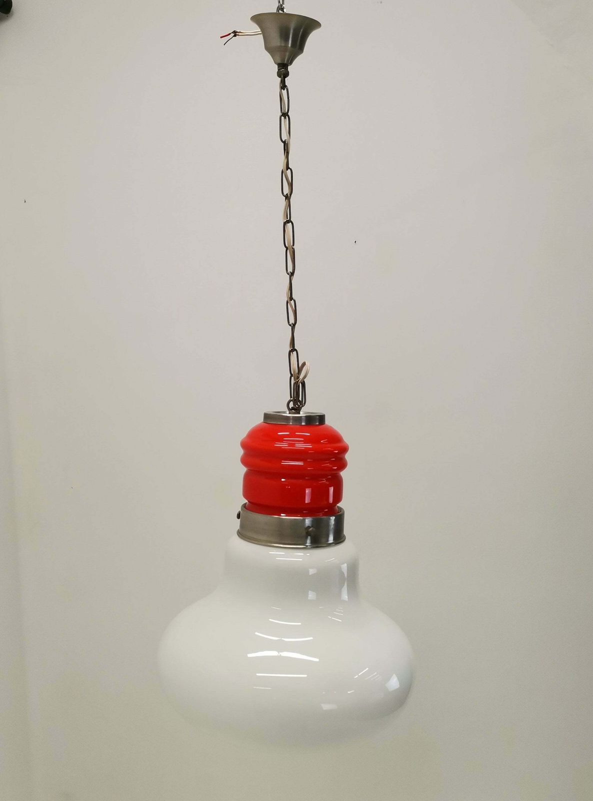 Large Mid Century Bulb Pendant Light / Orange & White Glass And Metal / 70s Space Age Hanging Lightbulb photo buy