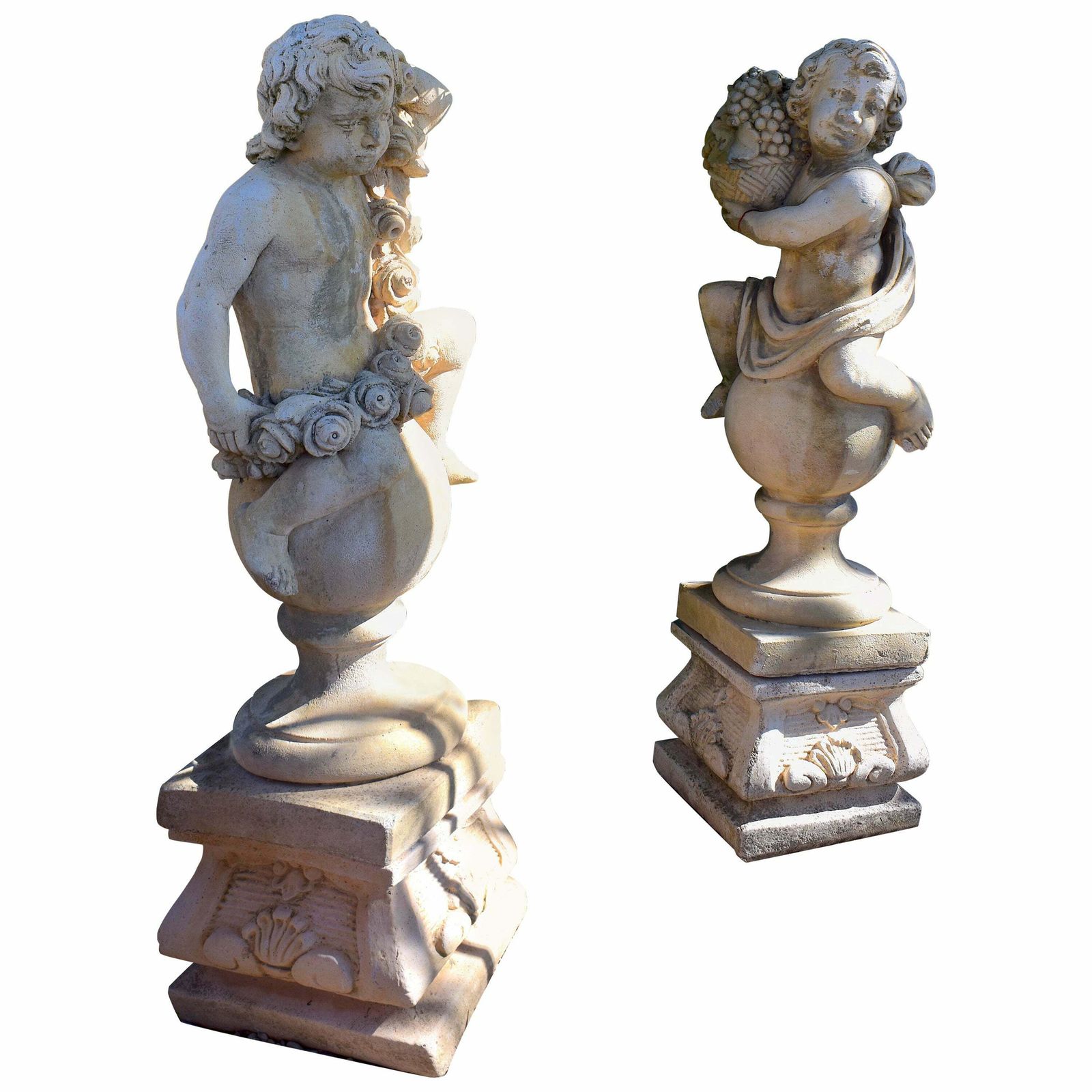 Pair Of 20th Century Garden Cherubs On Square Plinths