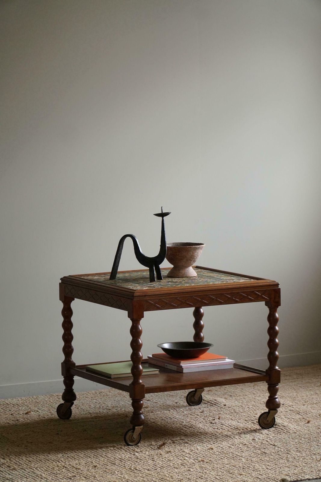 Danish Modern, Serving Table With Bobbin Turned Legs & Colorful Tiles, 1950s photo for sale