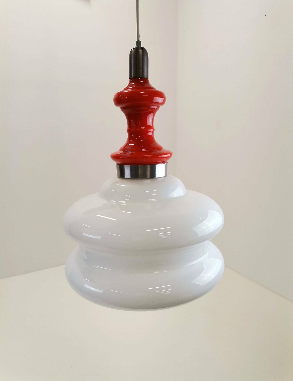 Large Mid Century Opaline Glass Pendant Light / Orange & White Glass And Metal / Modern Hanging Light photo vintage
