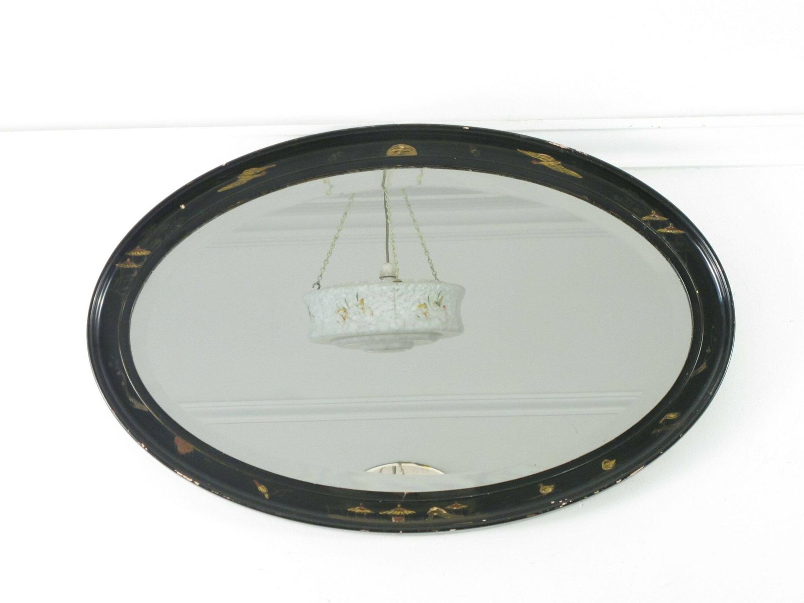 Victorian Chinoiserie Lacquered Wall Mirror. Large, Oval With Deep Bevelled Edge. Ready To Hang On New Chain photo furniture