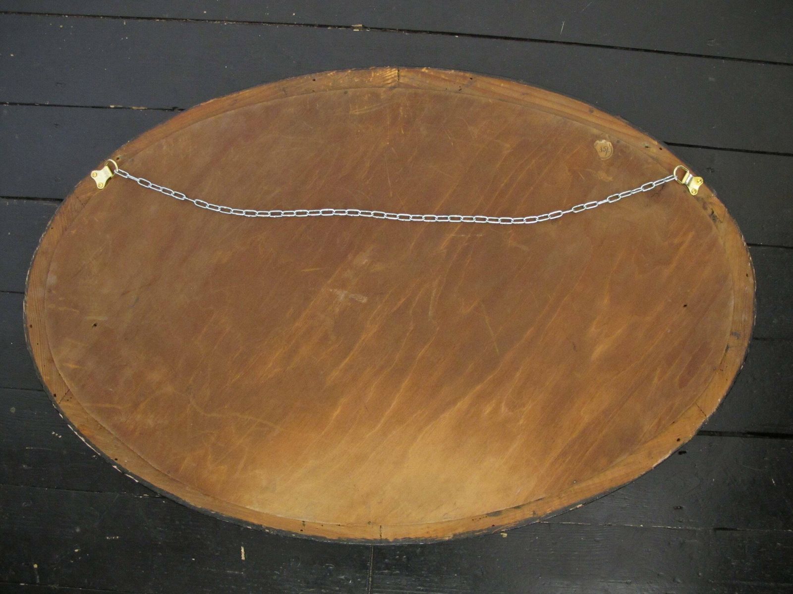 photo for sale Victorian Chinoiserie Lacquered Wall Mirror. Large, Oval With Deep Bevelled Edge. Ready To Hang On New Chain