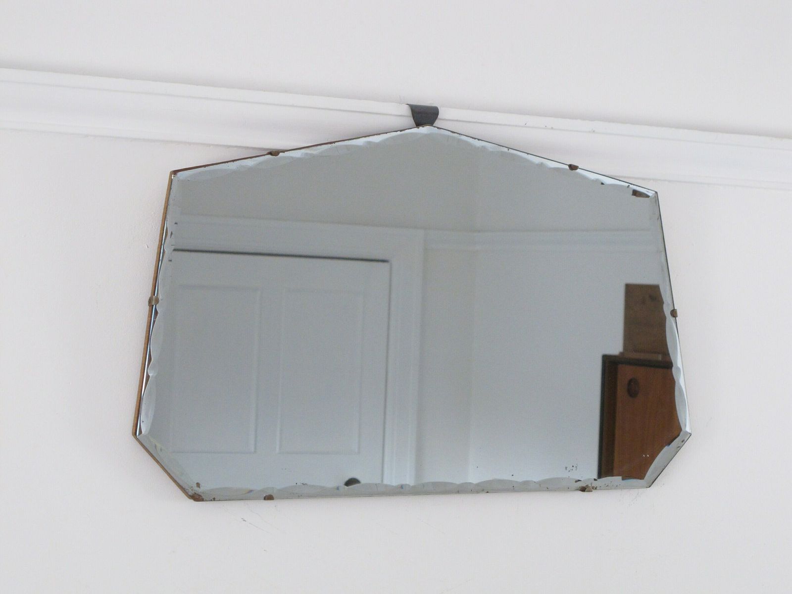 Frameless Art Deco 7 Sided Mirror. Fancy Bevelled Edge. Ready To Hang On New Chain. 1950s photo for sale