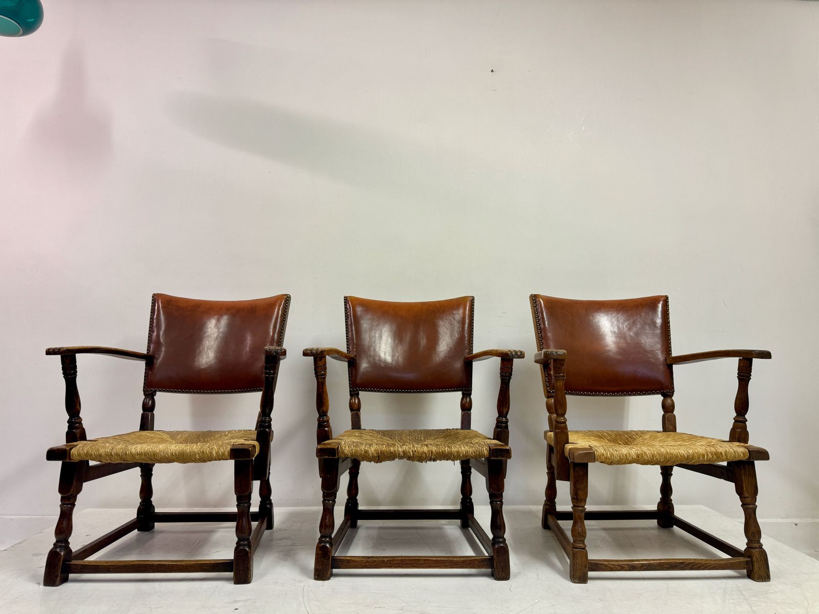 Set Of Three Oak Armchairs With Rush And Leather Seats photo for sale