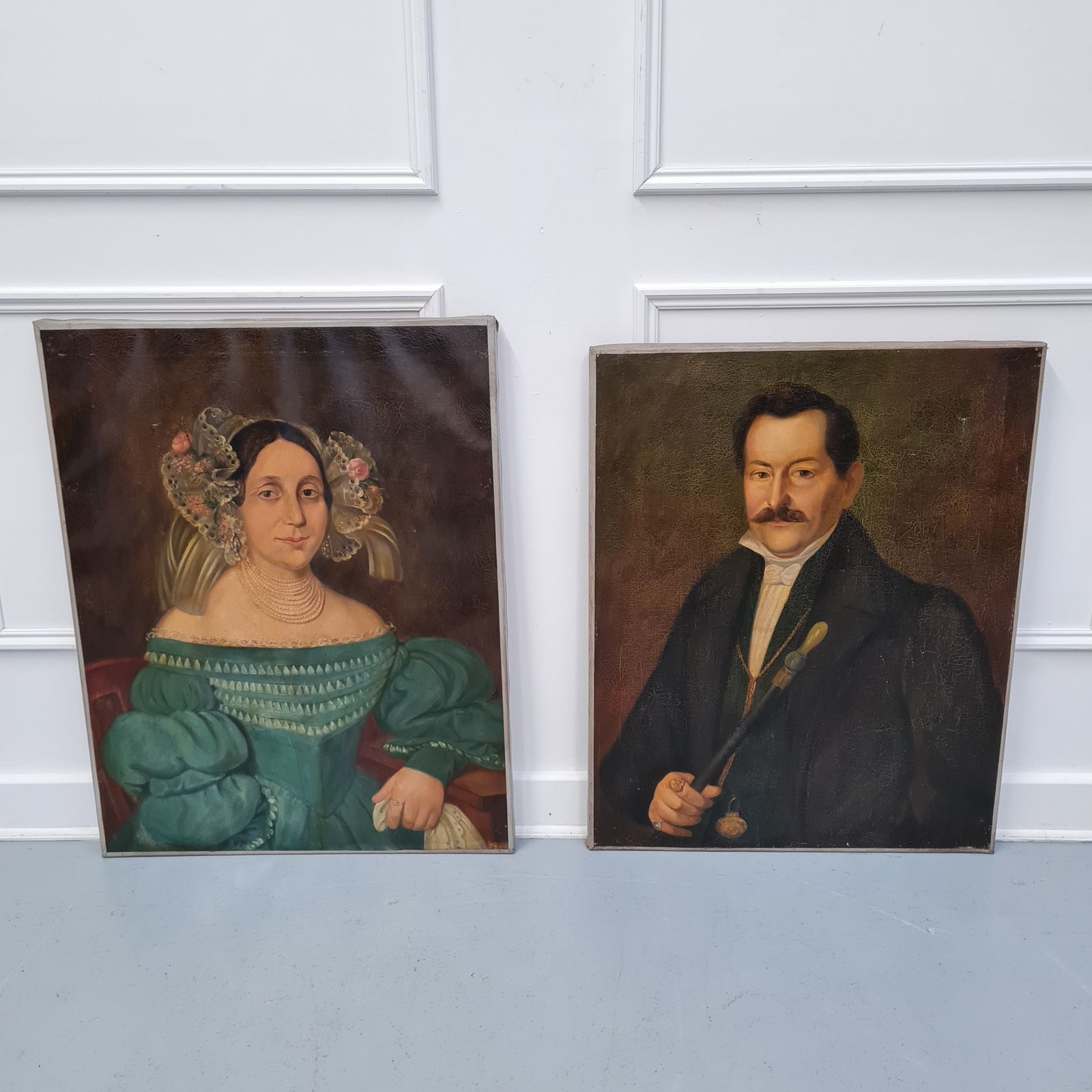 Pair Of Fantastic Primitive Ancestor Oil Paintings