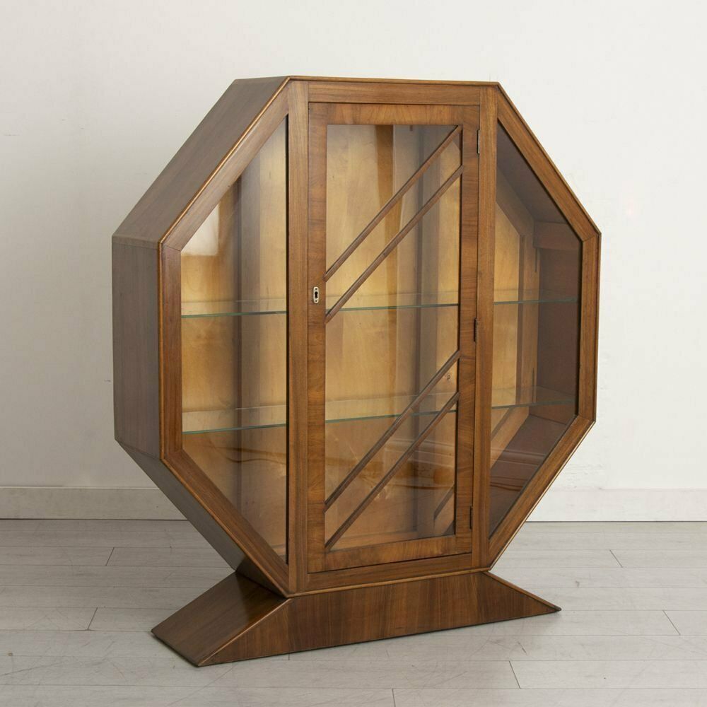 Art Deco Octagonal Display Cabinet Bookcase In Walnut, British C.1930 photo for sale