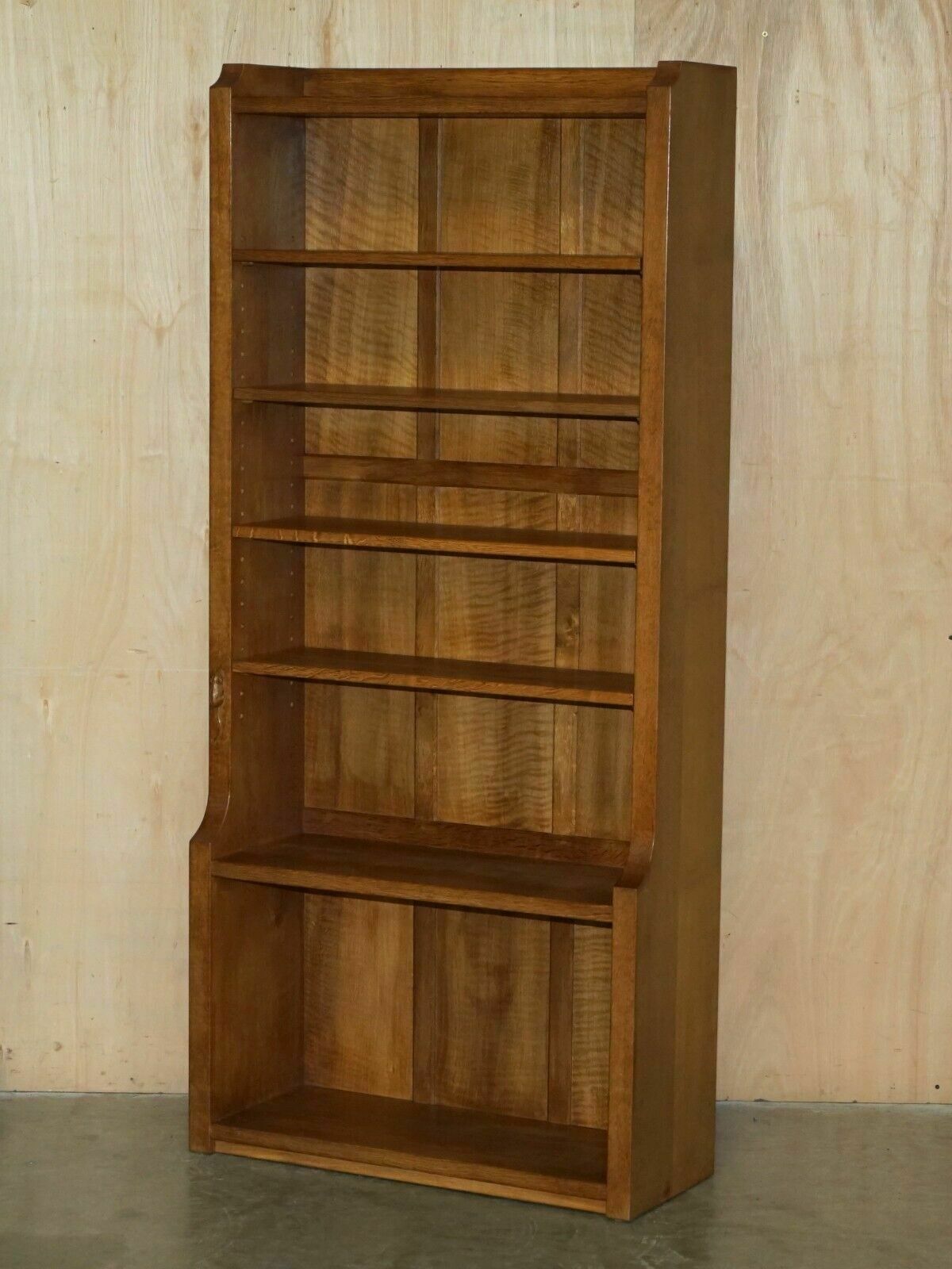 Pair Of Vintage Robert Mouseman Thompson English Oak Carved Library Bookcases photo for sale