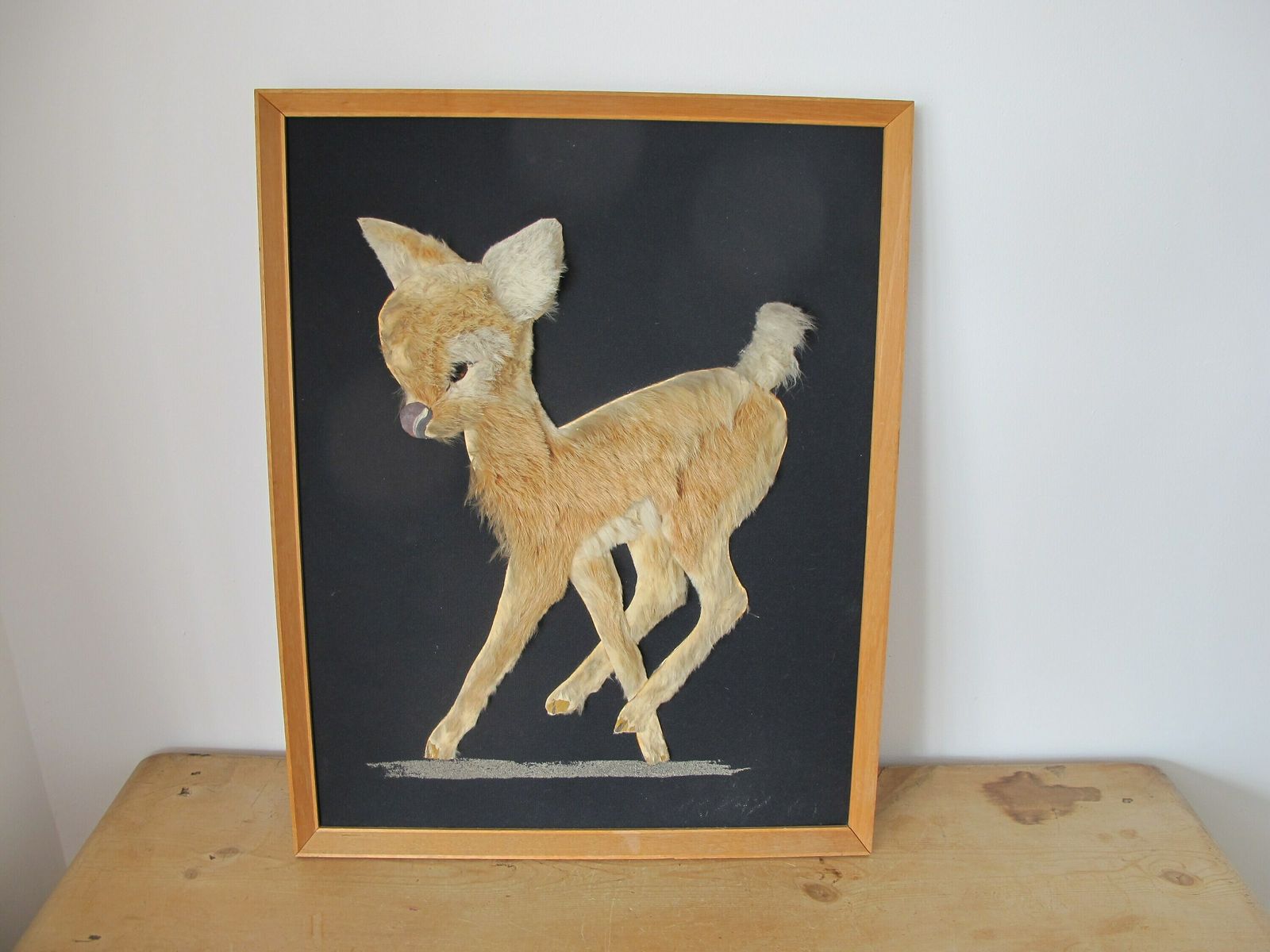 Deer Picture. Furry Fawn. Vintage Mid Century Kitsch Wall Art In A Wooden Frame 20 X 16 Inches