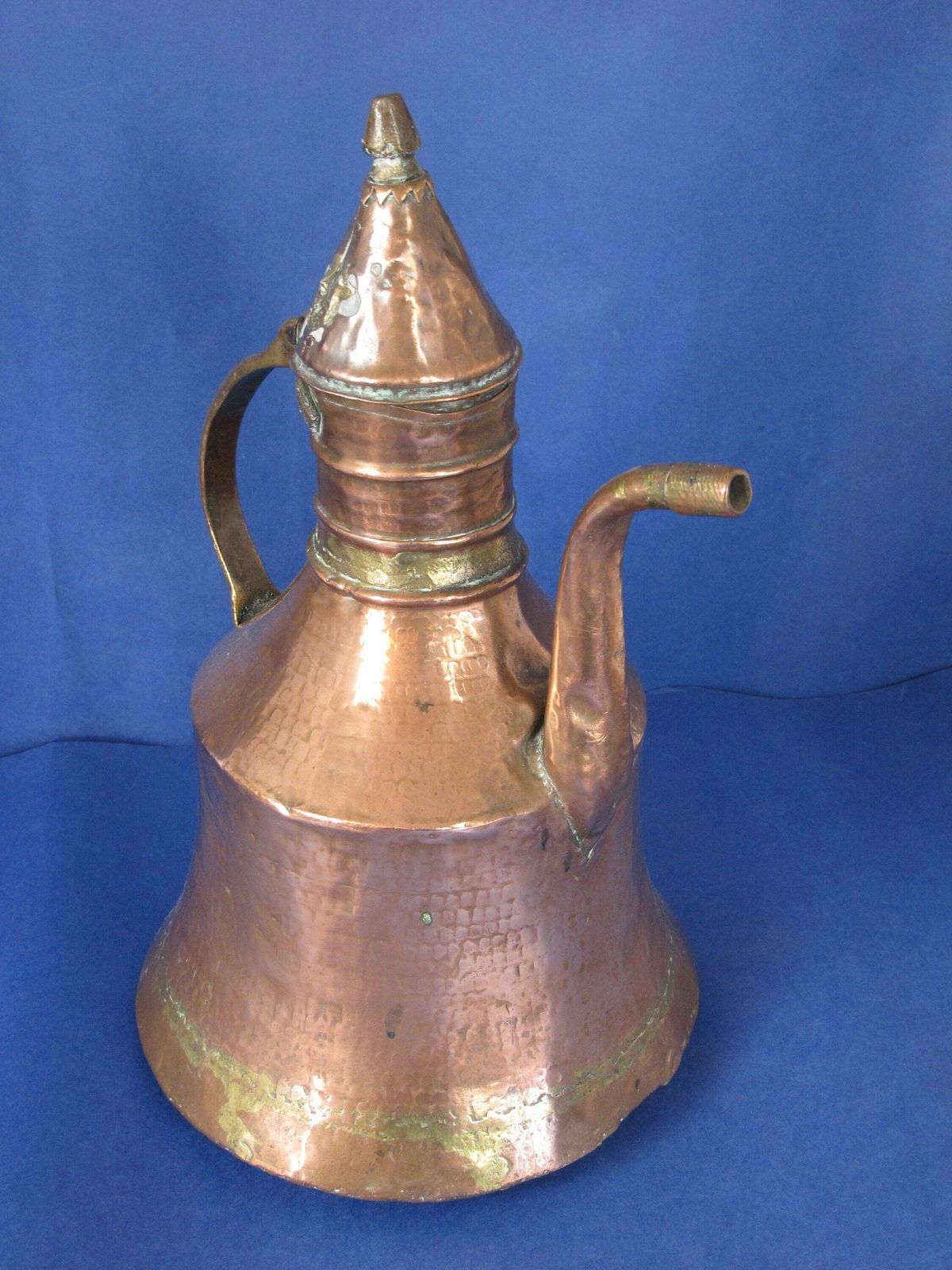 Antique Copper And Brass Coffee Pot. Arabic/Turkish/North African Dallah. Long Curved Spout   Decor Only   Not Watertight! photo 59.0